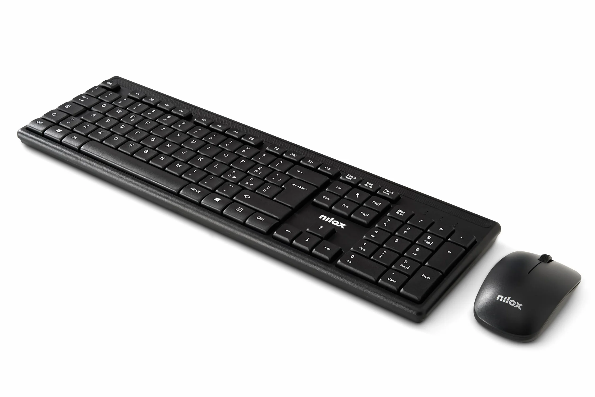 Nilox NXKMWIT011, Kit Tastiera e Mouse Wireless con Distanza Operativa di 10m, Tastiera con Layout Italiano, Mouse con Sensore Ottico da 1600 DPI, Compatibile con Windows, Linux e Mac