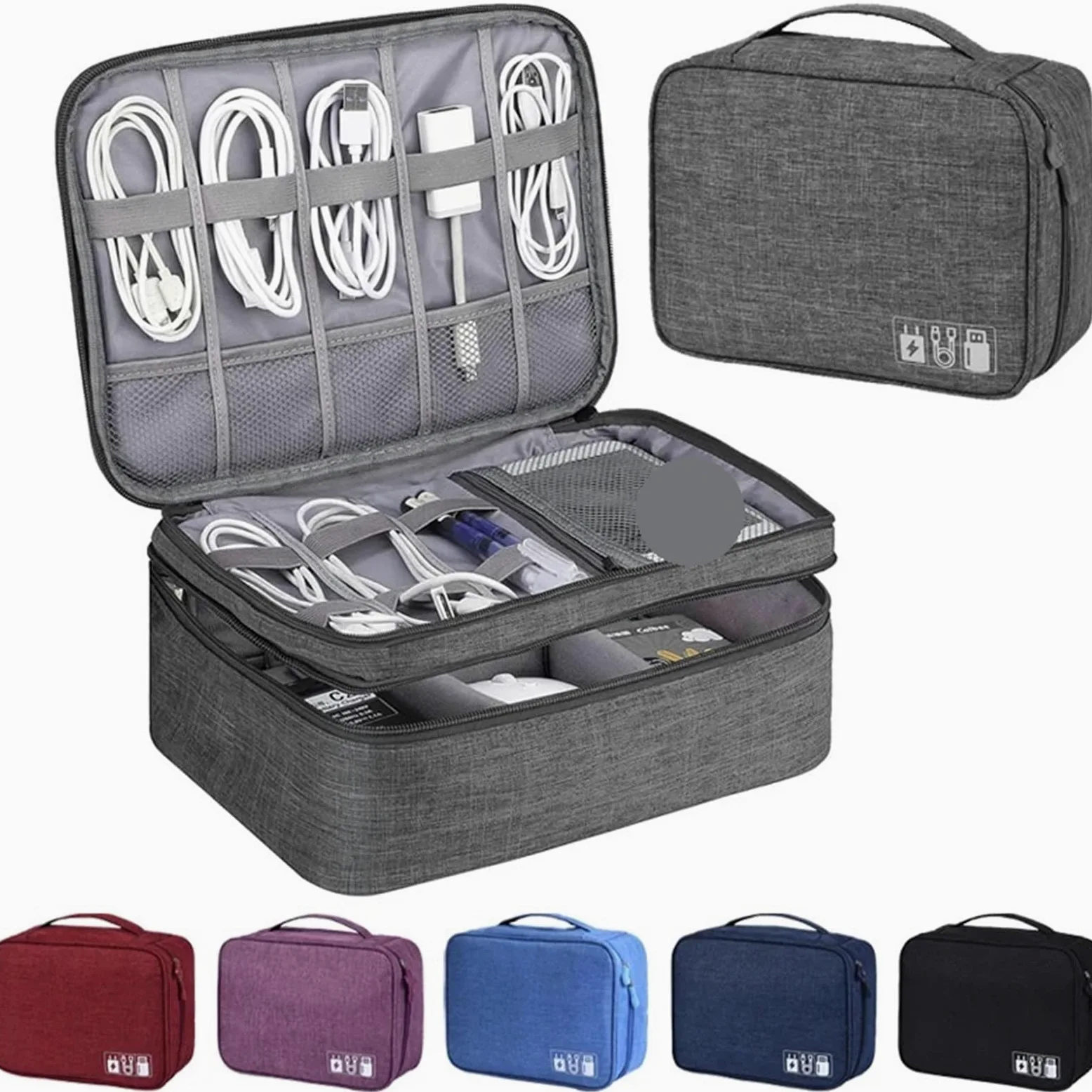 Borsa Organizer Per Cavi Custodia For Cavo Da Viaggio 2 Pezzi Borsa Archiviazione Digitale Impermeabile Portatile Dati USB Caricatore Di(Black,2Layer(28x9x21cm))