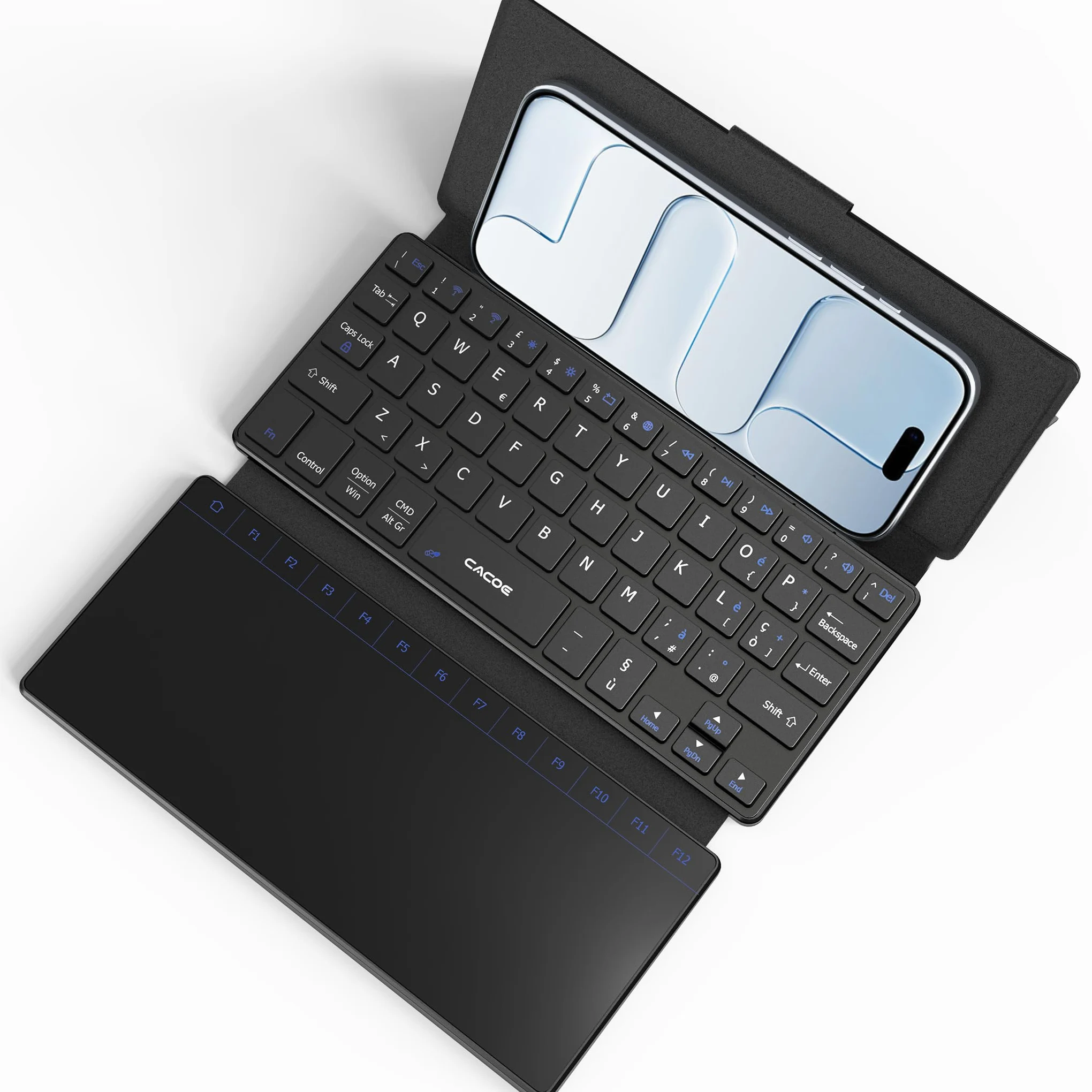 CACOE Mini Tastiera Bluetooth a Doppio Canale con Touchpad | Wireless Tastiera per QWERTY, Ultra-Sottile e Portatile con Supporto per Smartphone (iOS, Android, Windows), Nera