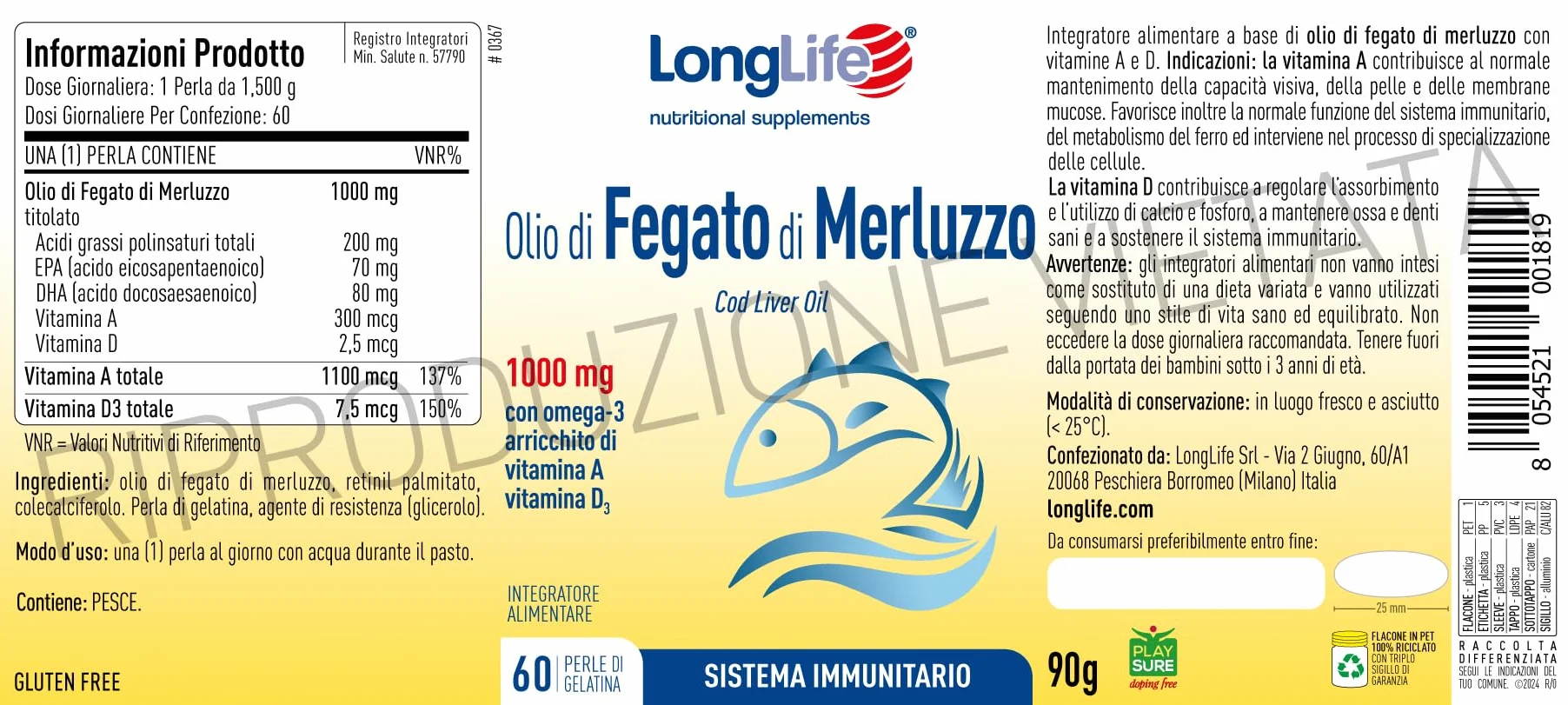 LongLife® Olio di fegato di merluzzo 1000mg Omega 3 EPA DHA Vitamina A D3
