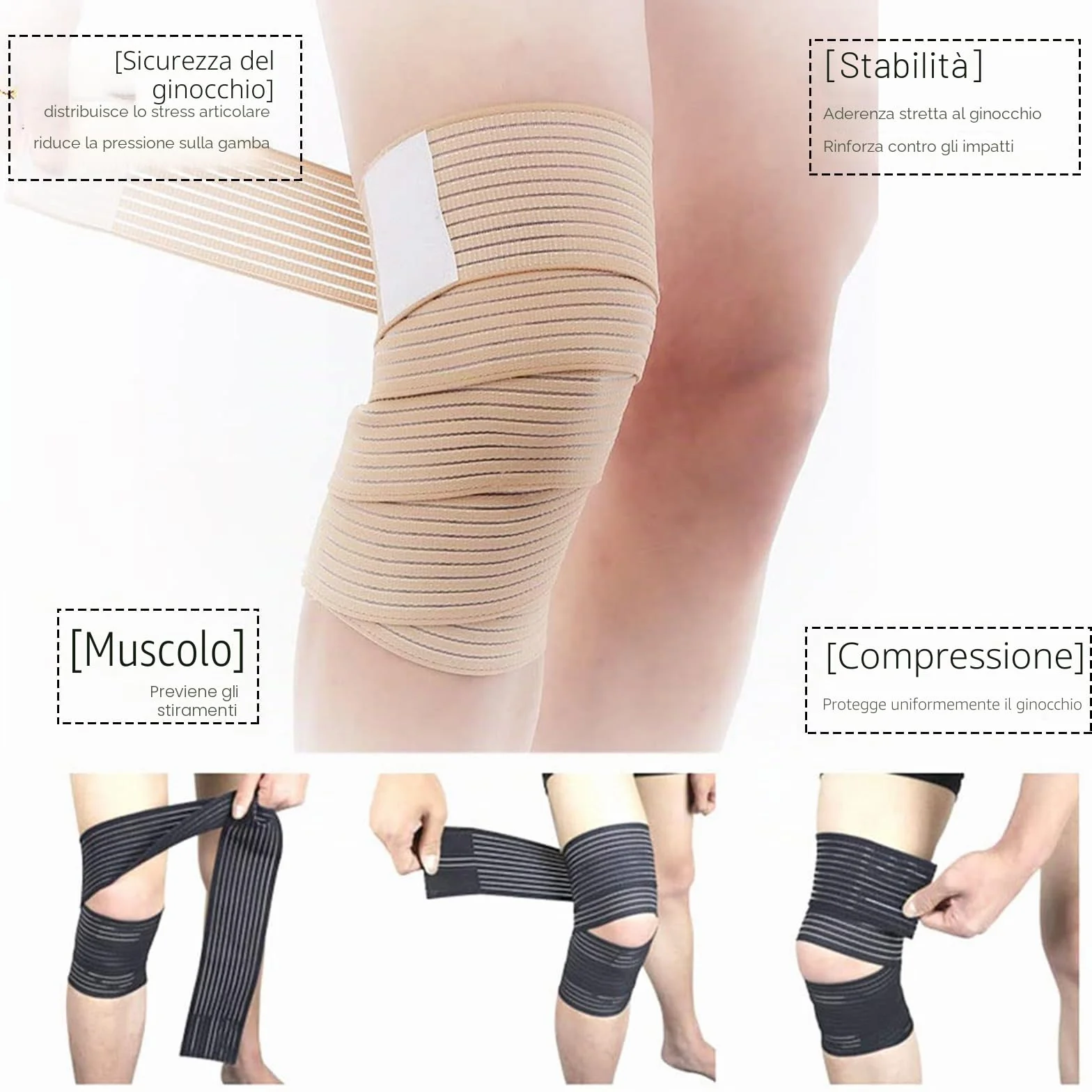 Polpaccera Compressione Benda Elastica Compressiva 4 Pezzi Uomo e Donna Autoadesiva Ginocchiera Regolabile