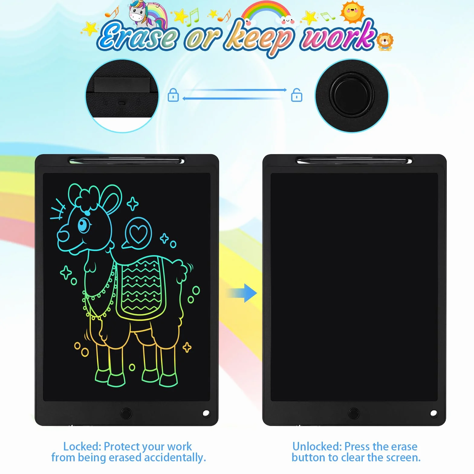 Tavoletta Grafica LCD 13 Pollici per Bambini con Schermo Scrittura, Pulsante Elimina e Blocco - Nero