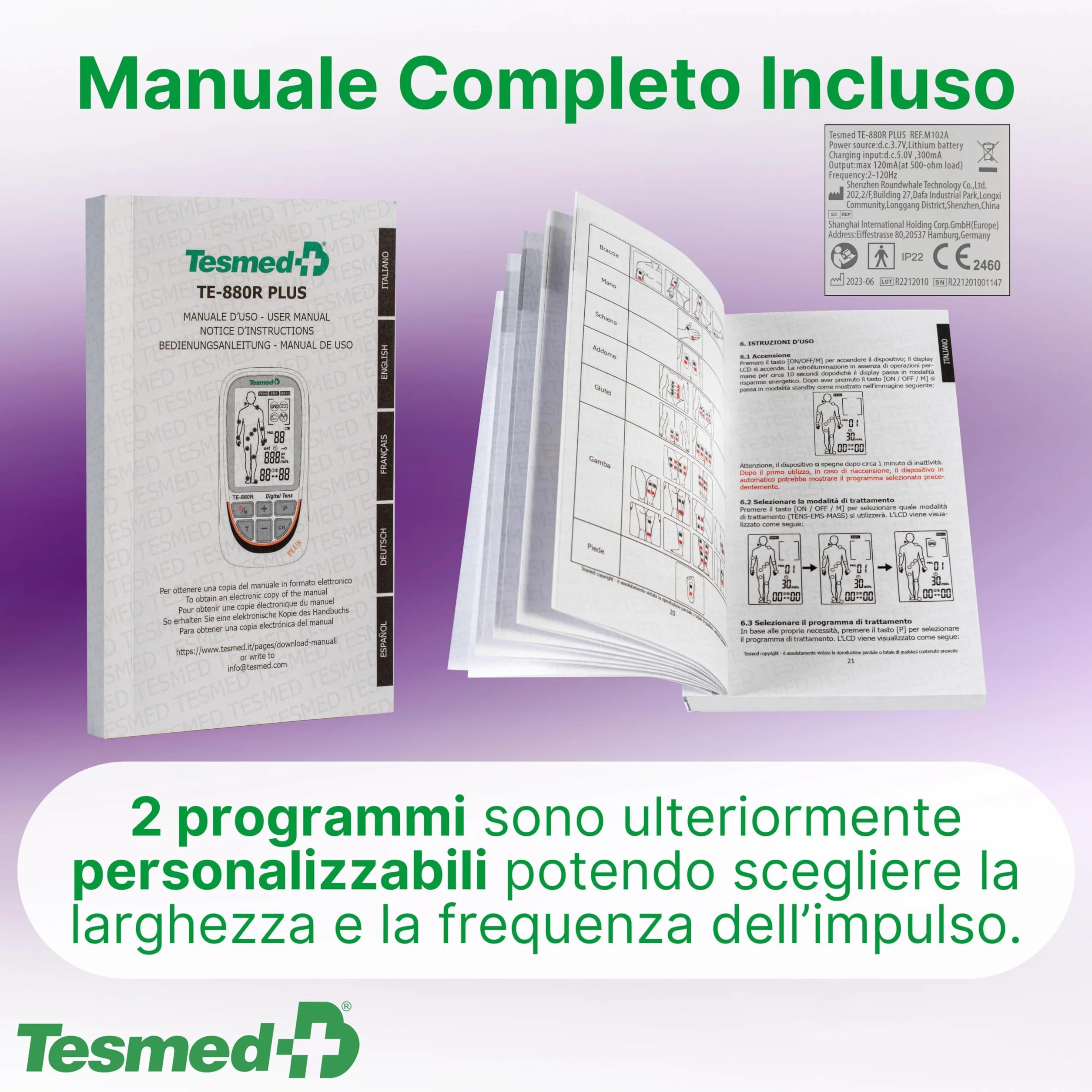 TESMED TE-880R Plus Elettrostimolatore Muscolare Ricaricabile EMS TENS 73 Programmi 8 Elettrodi