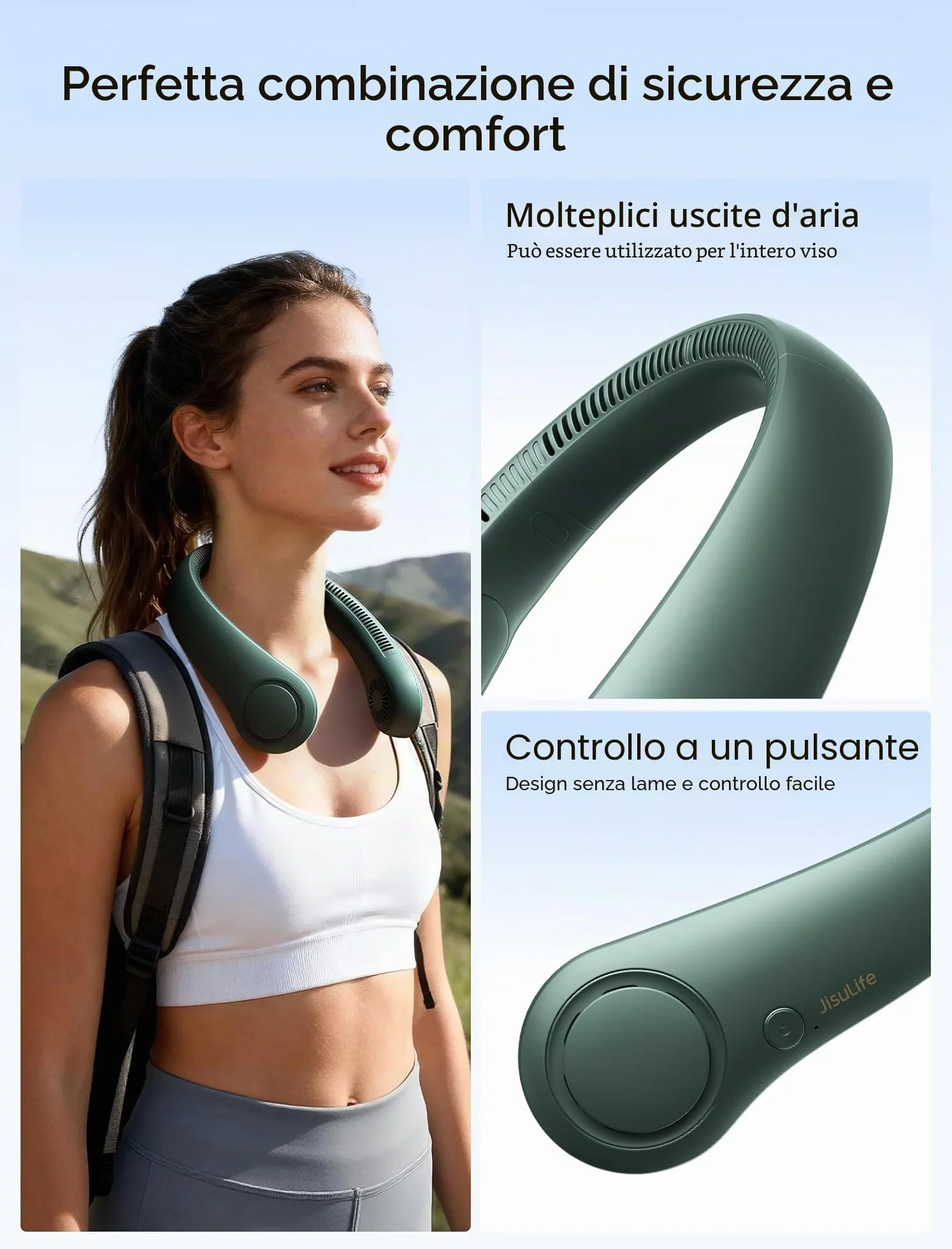 JISULIFE Ventilatore portatile da collo, mani libere, senza pale,4000 mAh, a batteria, ventilatore personale indossabile, girevole, ricaricabile, regalo per donne e uomini- Verde Scuro