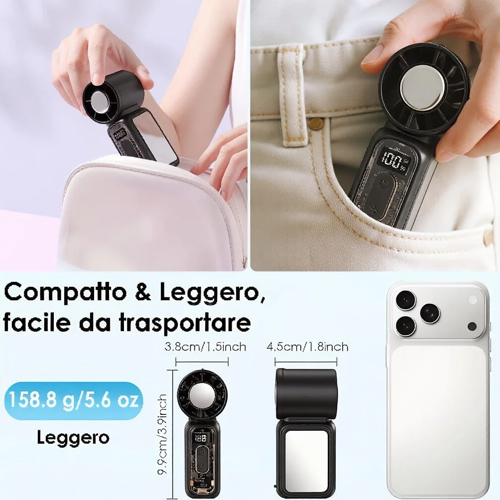 Mini Ventilatore Portatile USB Ricaricabile con Raffreddamento a Ghiaccio & 199 Velocità, Ventilatori Portatili LED - 3600mAh, Potente Ventilatore a Mano 17000 RPM, per Viso, Viaggio, Esterno (Nero)