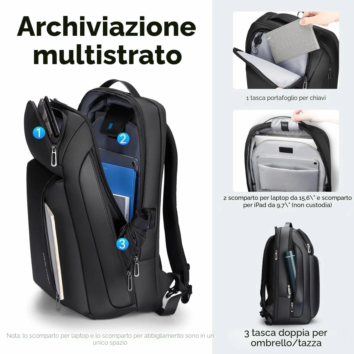 MARK RYDEN - Zaino da viaggio per laptop da 15,6 pollici, espandibile da 25 L-35 L, zaino da cabina impermeabile 45 x 35 x 20 cm, borsa da lavoro per uomo - Nero