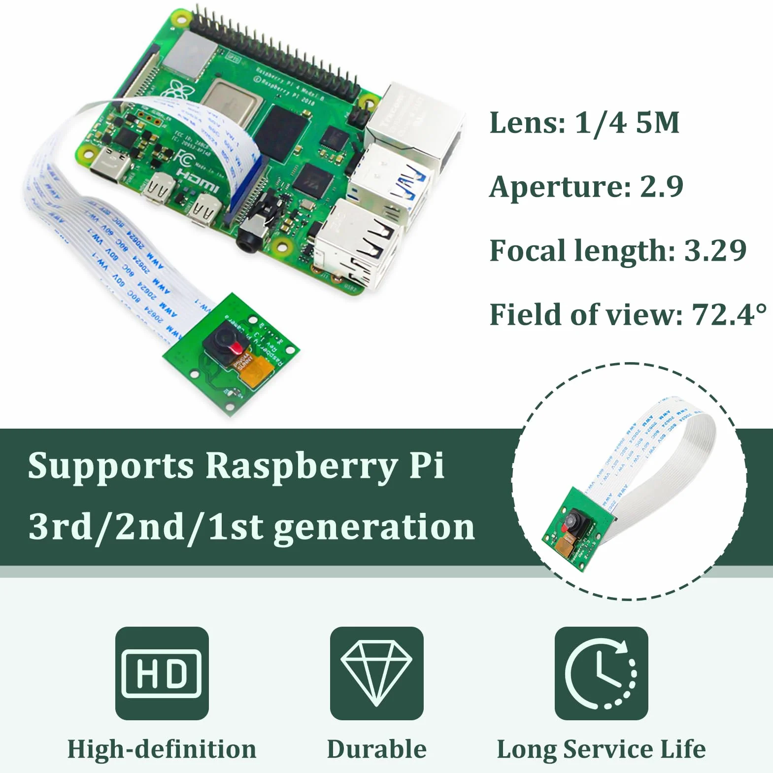 Camera Modulo Compatibile con Raspberry Pi e Raspberry Pi 3 B, 2, 1, Pi Zero, Fotocamera con Cavo Flessibile da 15 cm, Ad Alta Definizione per Progetti Fai da Te Cattura Foto Video in Alta Definizione