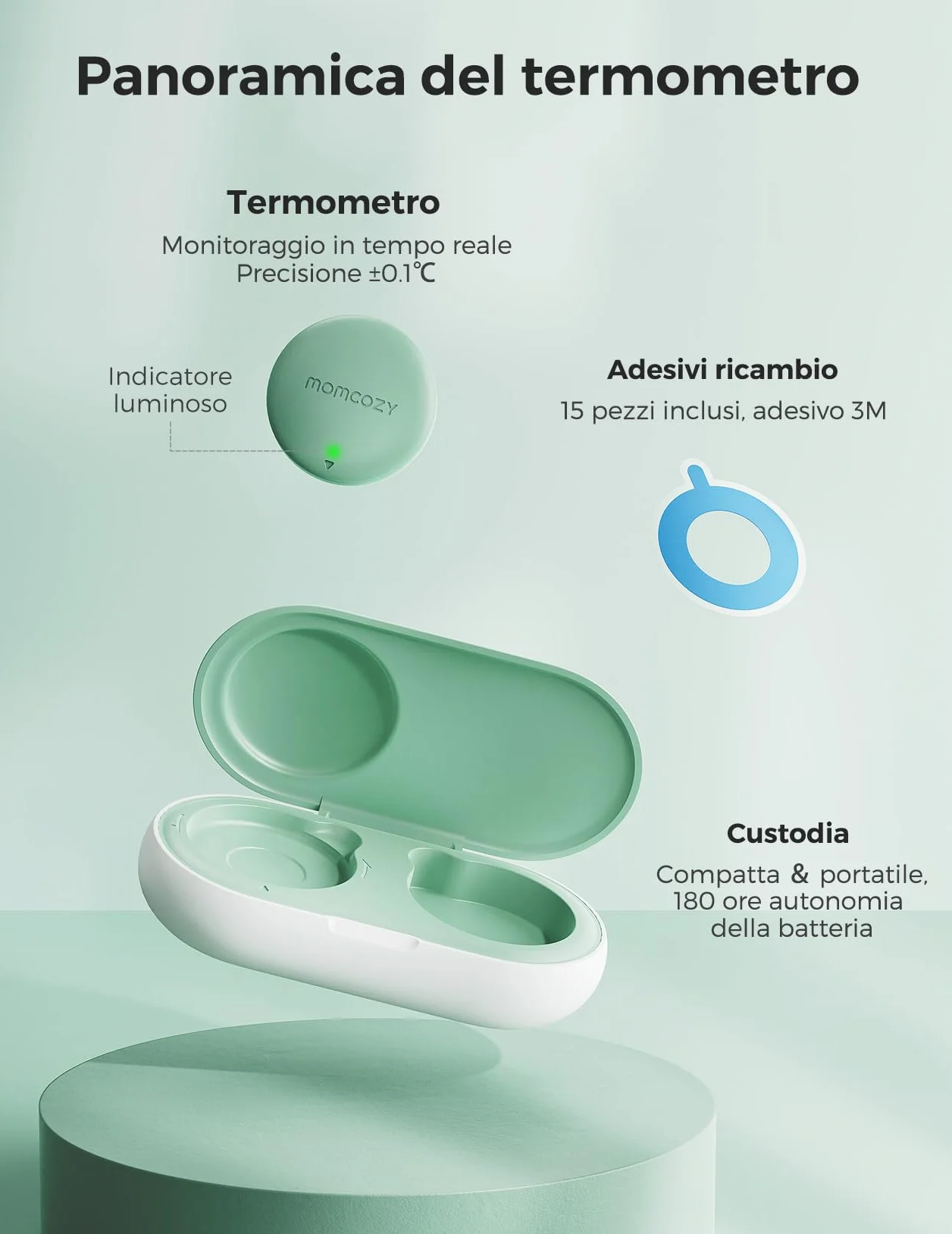 Momcozy Termometro Neonato, Termometro Digitale Indossabile con Alta Precisione, App Monitoraggio Temperatura in Tempo Reale, Cerotto Ipoallergenico 3M per Bambini