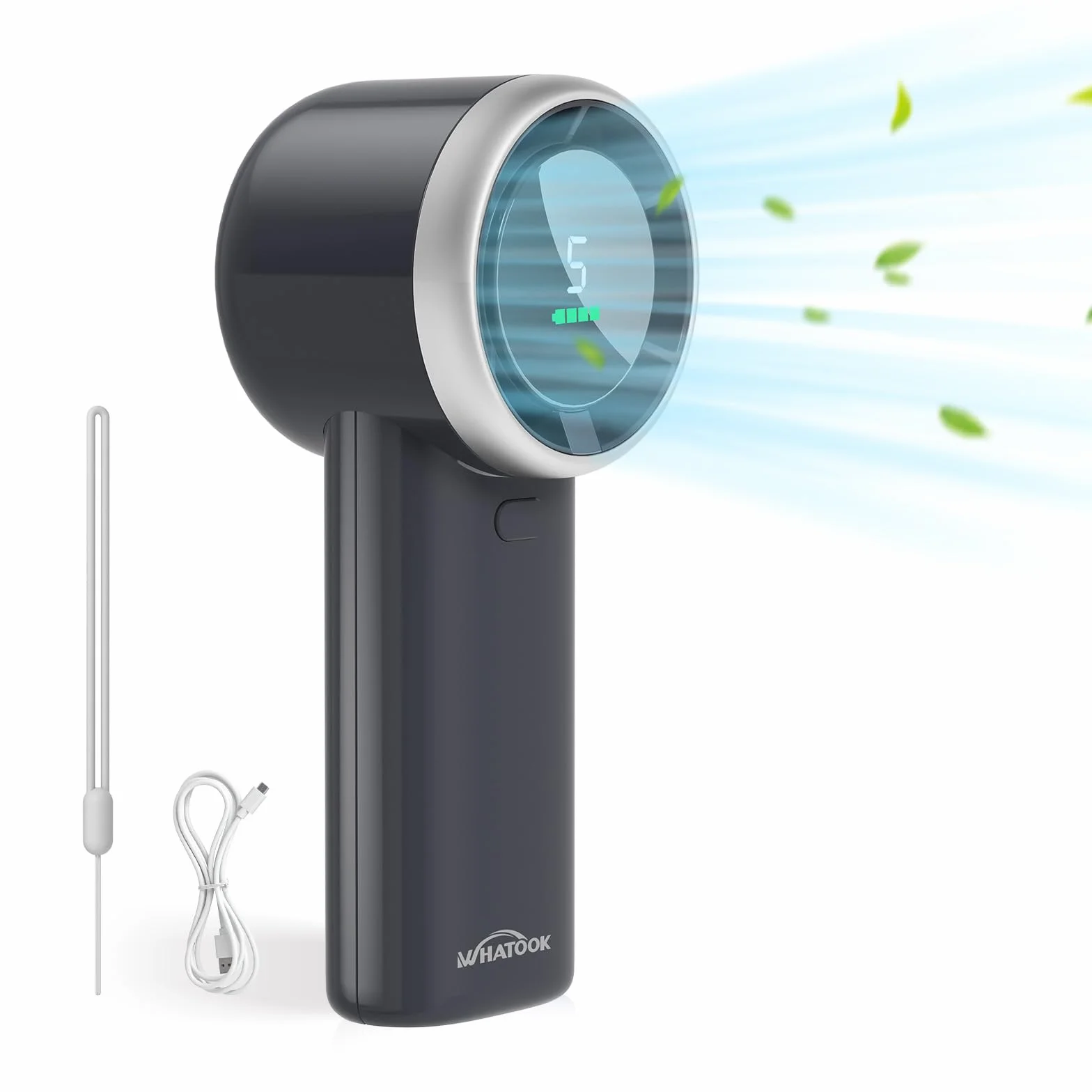 WHATOOK Ventilatore Turbo Portatile Potente: 13500 RPM Raffreddamento Istantaneo, USB Ricarica Rapida 2H, Mini Ventola a Mano Personale con 5 Velocità, Display HD per Viaggi/Sport/Spiaggia (Nero)