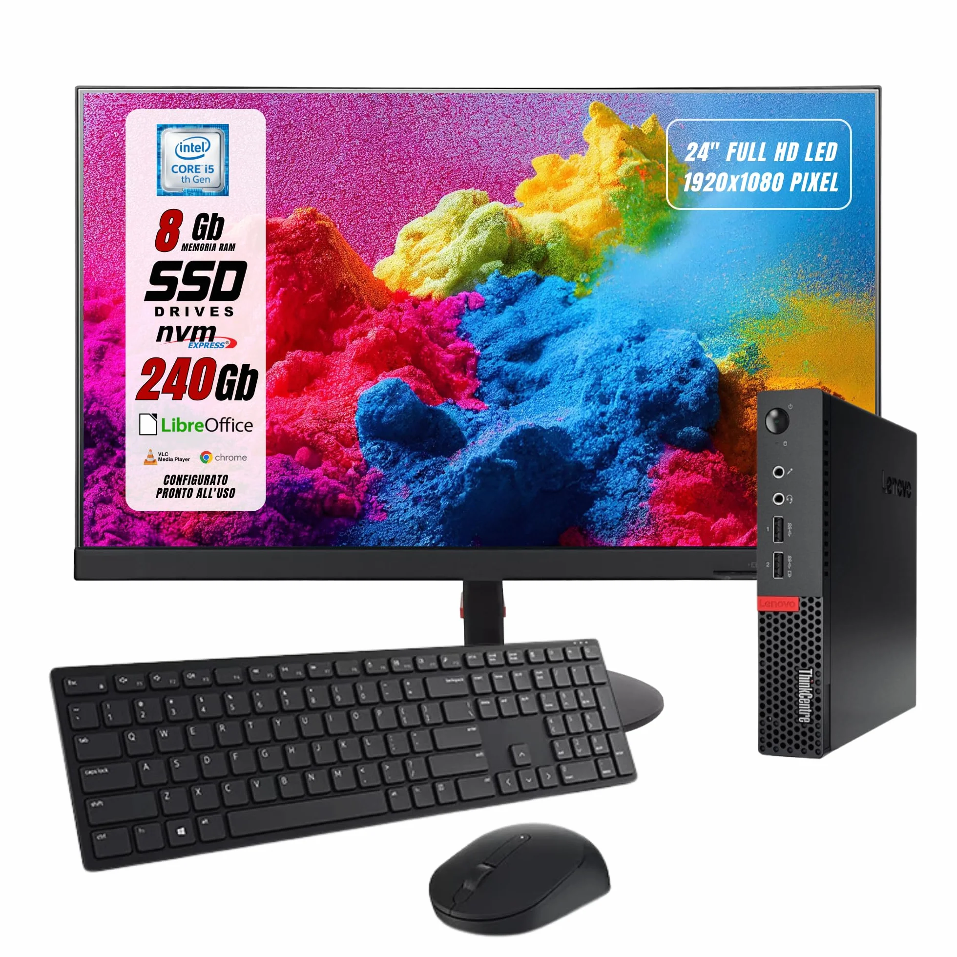 Lenovo Thinkcentre i5-6400 8GB RAM 256GB SSD NVMe 24" Monitor Mouse Tastiera Ricondizionato