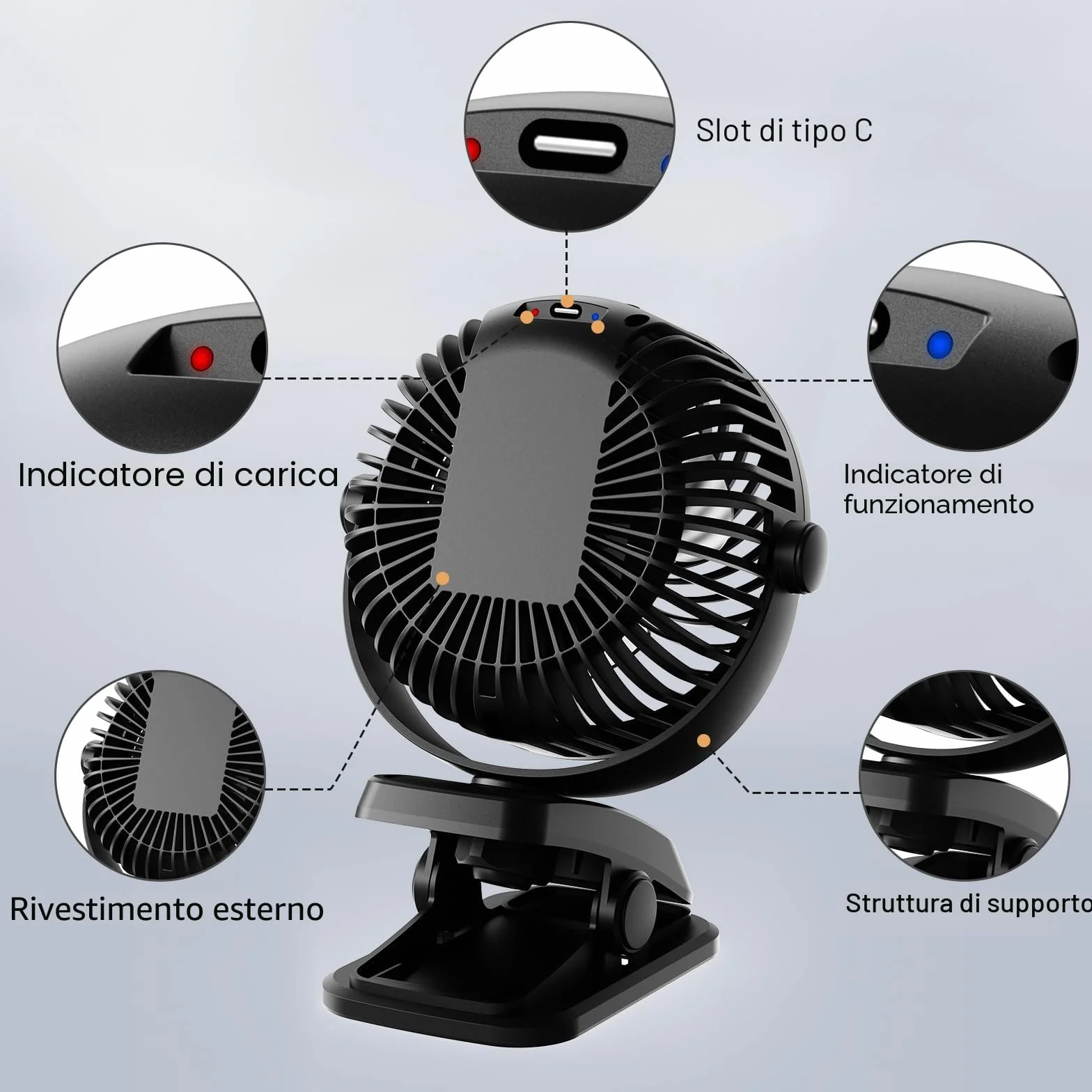 Mini Ventilatore Portatile, USB C Ventilatore da Tavolo con Pinza, Silenzioso Ventilatore da Scrivania a Batteria Ricaricabile, Piccolo Potente per Auto Esterno Campeggio Passeggino Ufficio