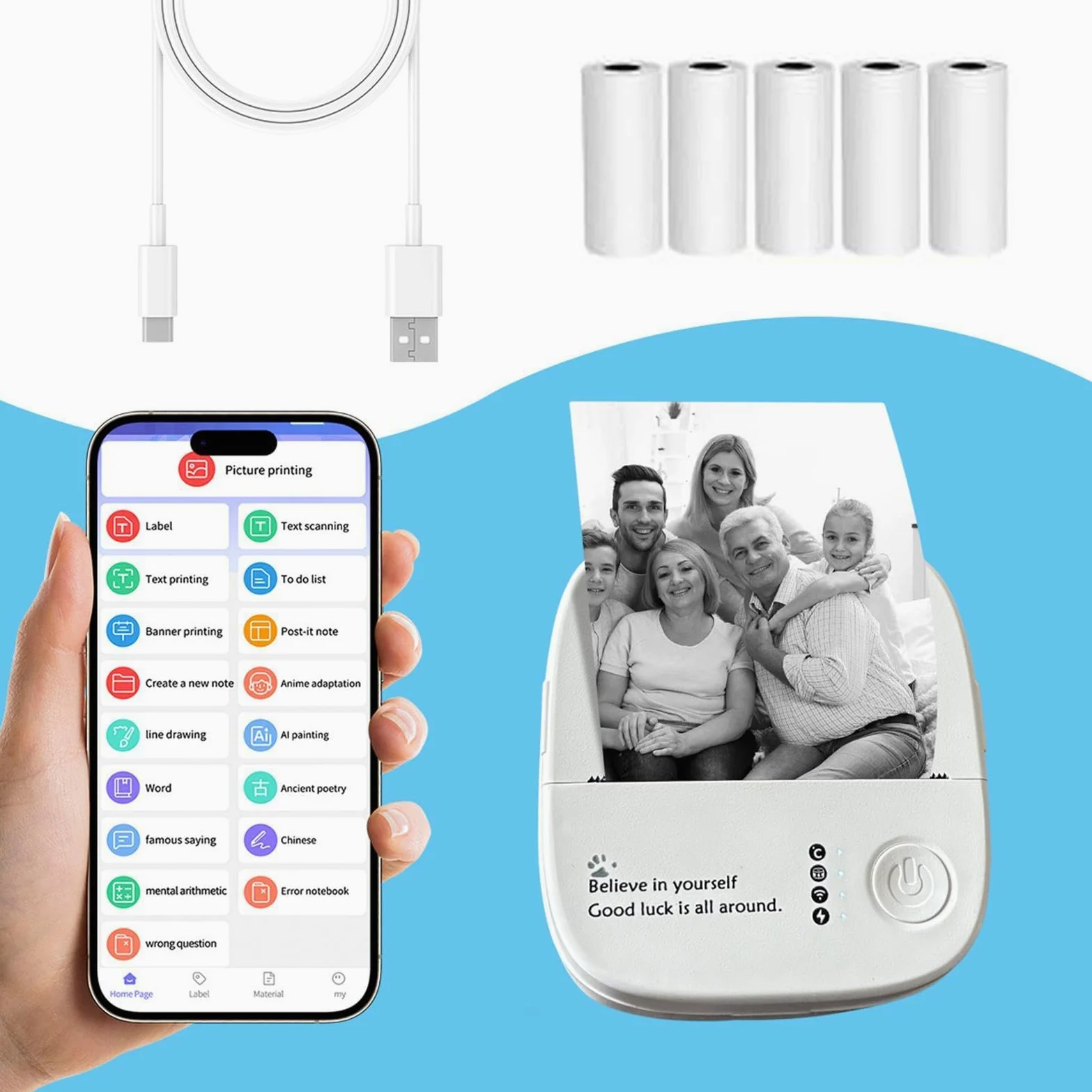 Stampante mobile per adesivi, senza inchiostro, senza fili, con 14 rotoli di carta, per ufficio, casa, scuola, viaggi, diari, appunti, foto