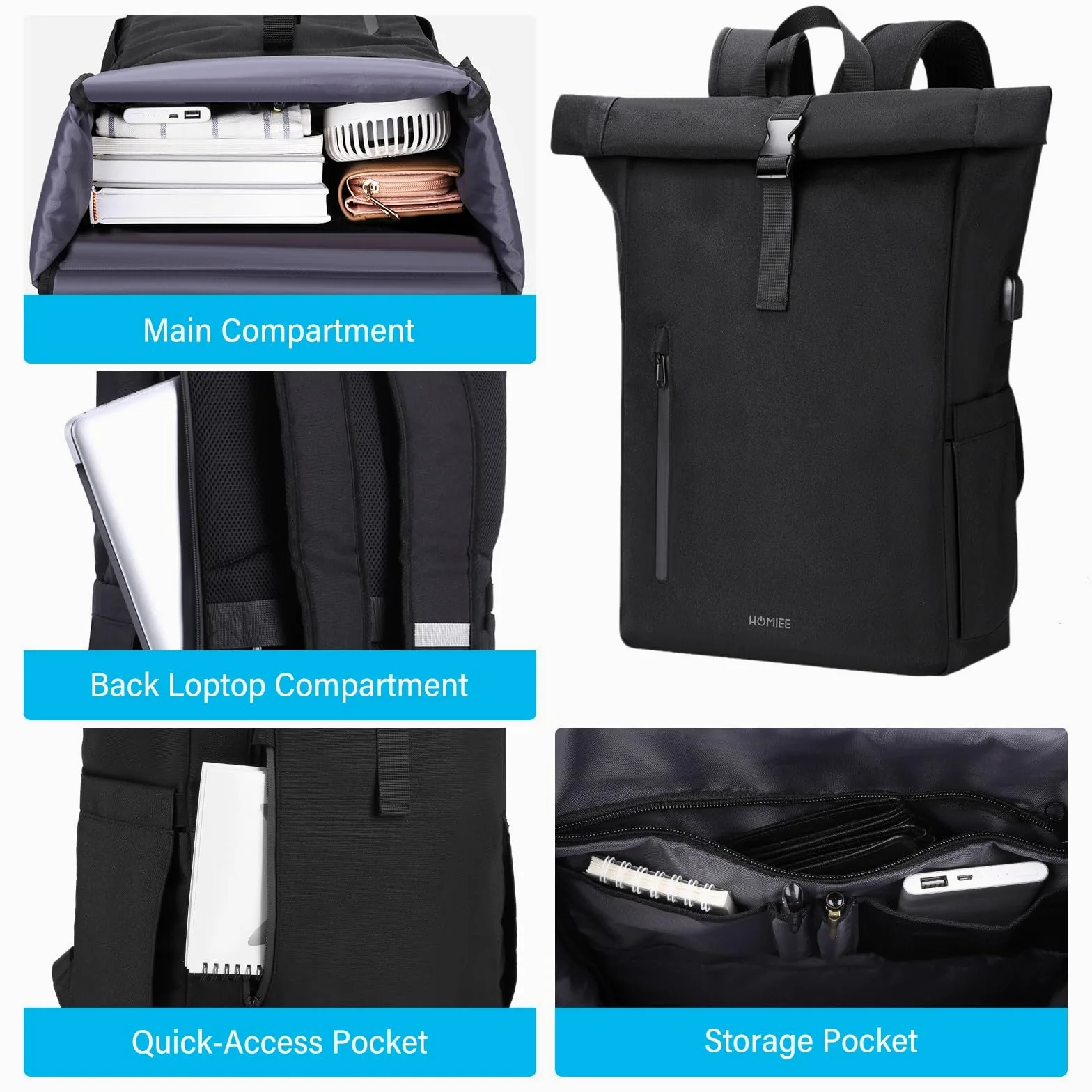 HOMIEE Zaino Rolltop Uomo Donna Zaino Porta PC 17,3 Pollici Zaino da Viaggio Espandibile 24-30L Zaini Uomo Lavoro Impermeabile Zaino Arrotolabile Antifurto con Porta di Ricarica USB