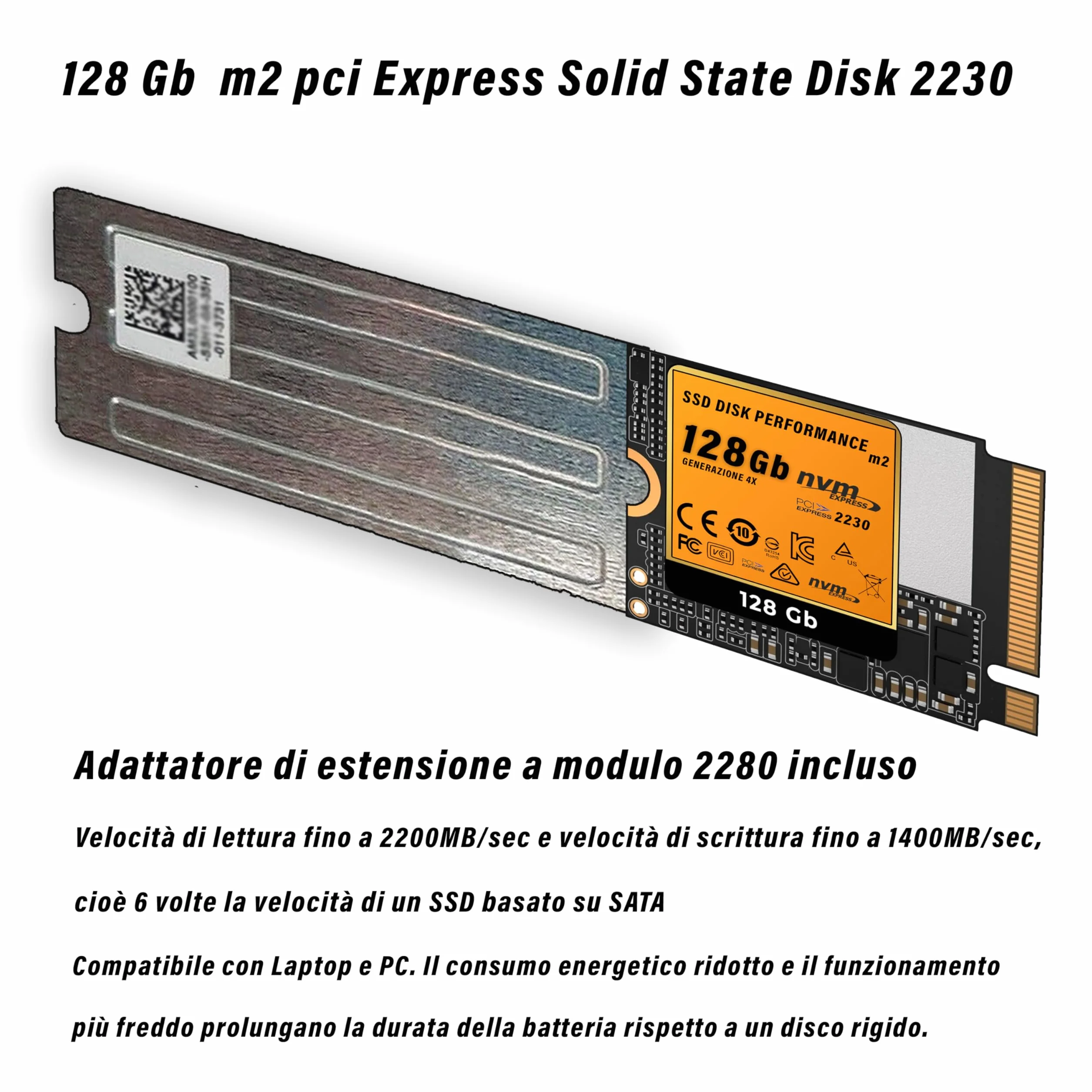SSD PCIe NVMe Gen 4x4 da 128Gb M2 2230, Unità a Stato Solido Interna, include adattatore per slot 2280, alta velocità di trasferimento dati, solo per uso professionale, garanzia Italia