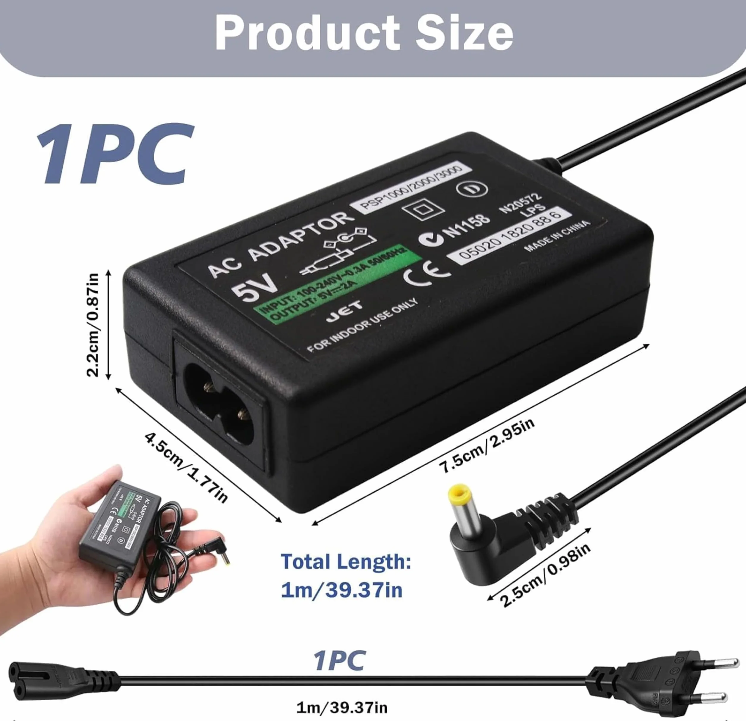 1X Caricatore Compatibile con Psp Alimentatore Compatibile con Console Sony PSP 1000/2000/3000 Charger Power Adapter