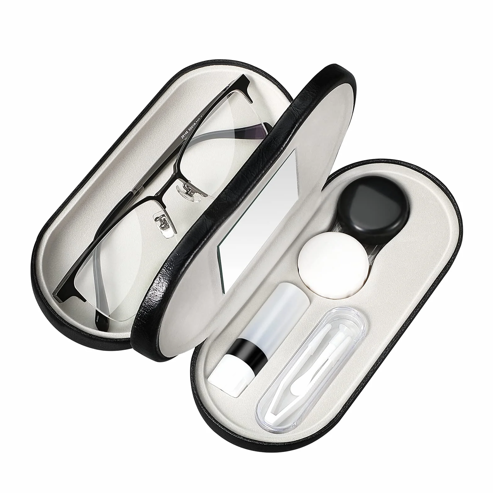 Custodia per Occhiali Portatile con Specchio e Pinzette, 2 Scompartimenti, Nero