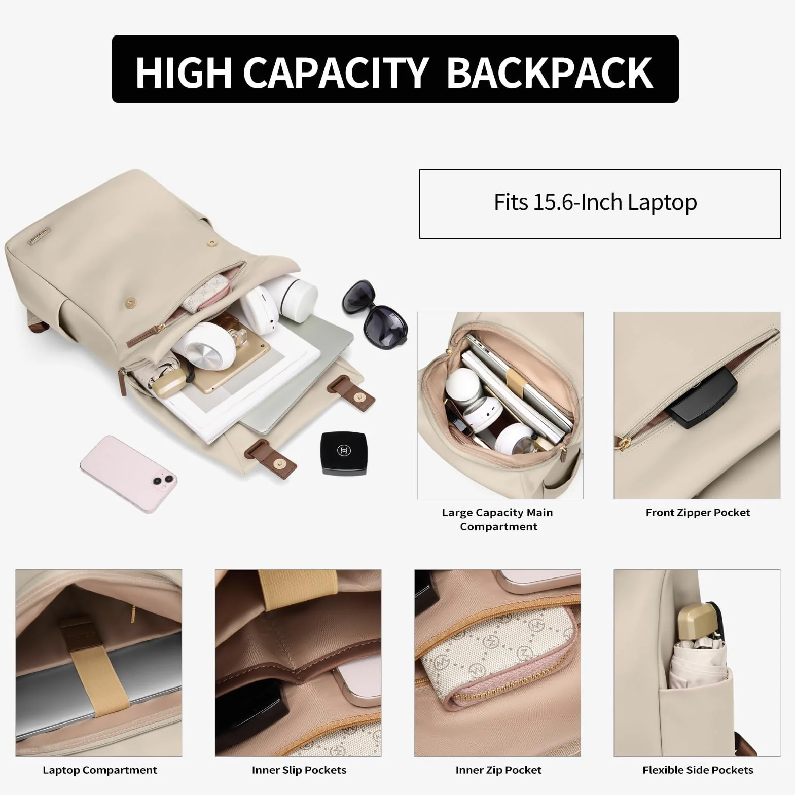 Zaino Donna per PC Portatile 15.6Pollici, Zaino Lavoro Uomo Impermeabile Antifurto, per Laptop, Computer Notebook Borse per Viaggio Ufficio Scuola,Mandorla