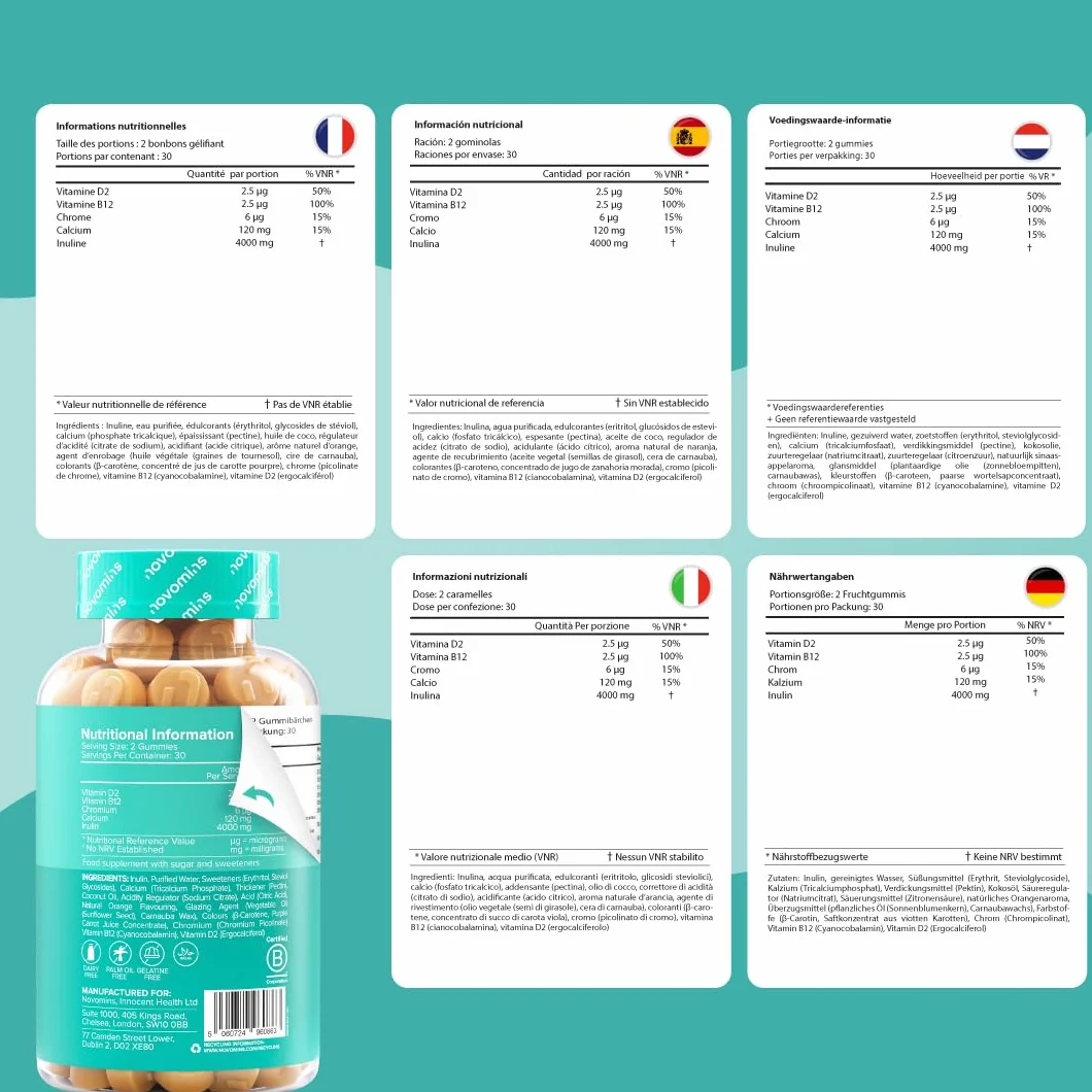 Novomins Fibre Gommose 4000 mg Inulina con Calcio, Cromo, Vitamina D e B12 - 60 Gommose Gusto Arancia