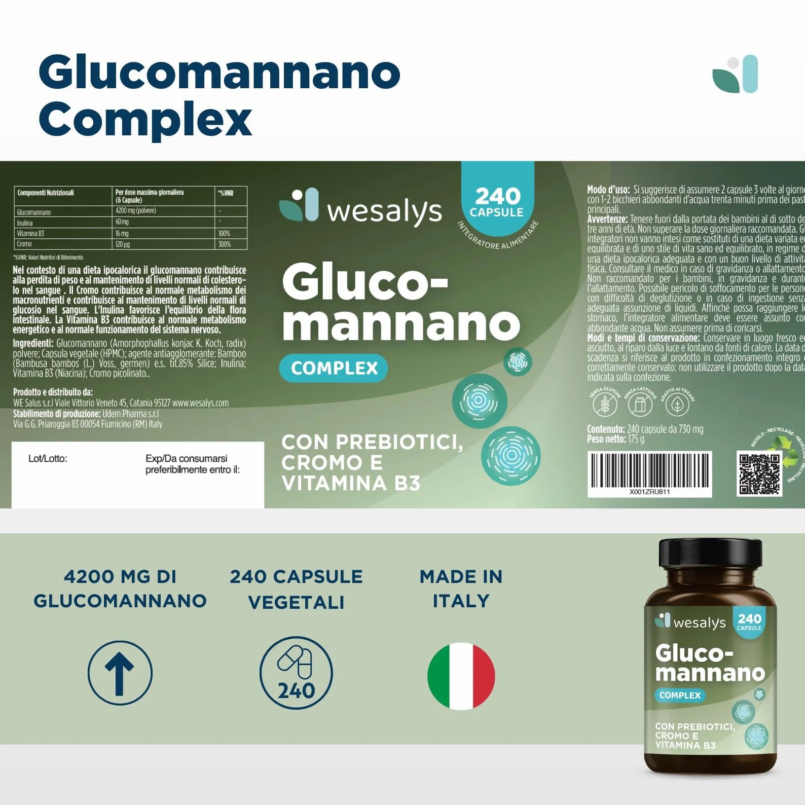 Wesalys Glucomannano Forte 4.200 mg 240 Capsule Integratore Ad Alto Dosaggio con Cromo Vitamina B3 Prebiotici