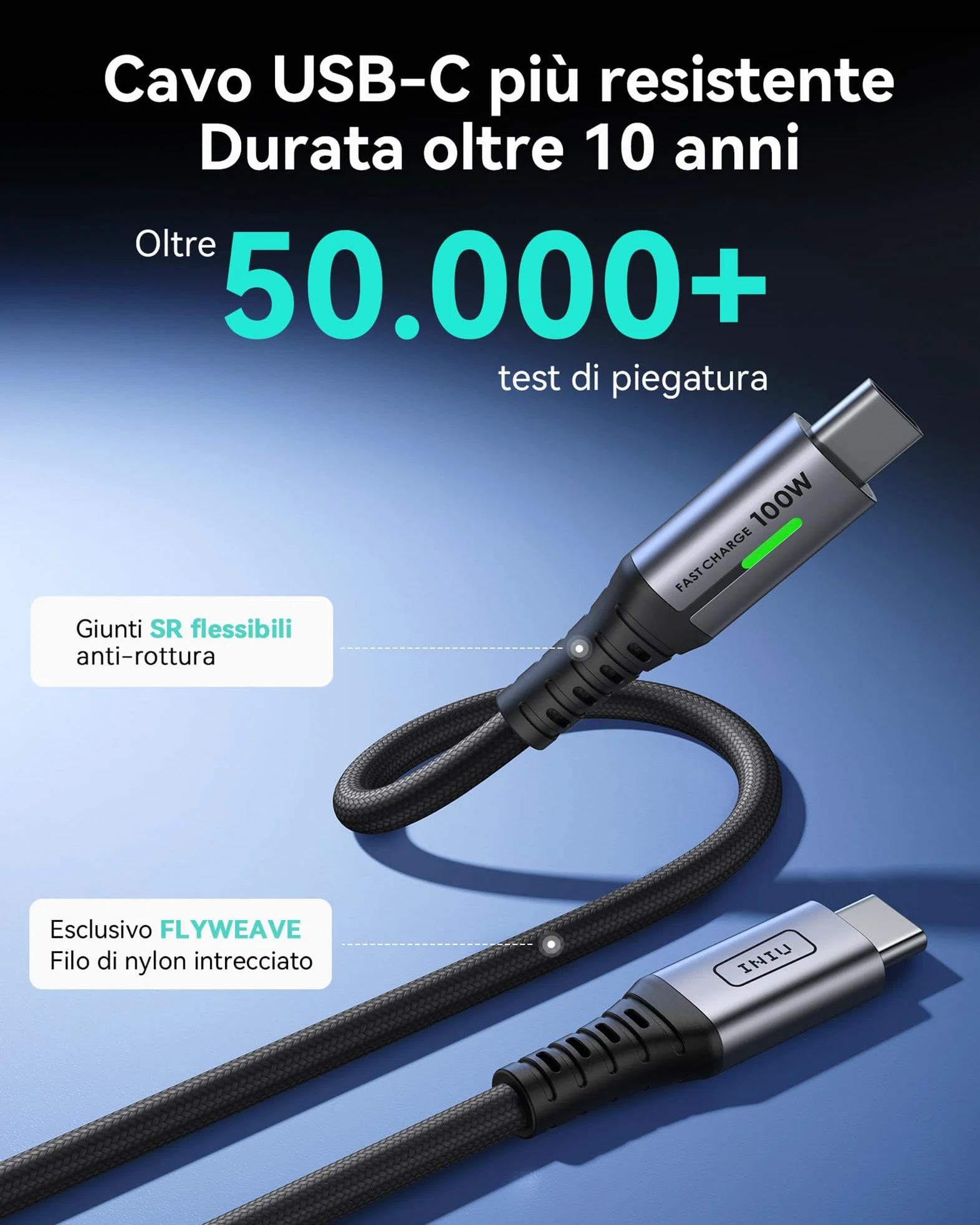 INIU Cavo USB C 100W 2m USB Type-C PD 5A Ricarica Rapida QC 4.0 Nylon per iPhone 17 16 Pro Max Samsung S25 Ultra iPad Pro MacBook Pixel 10 Pro