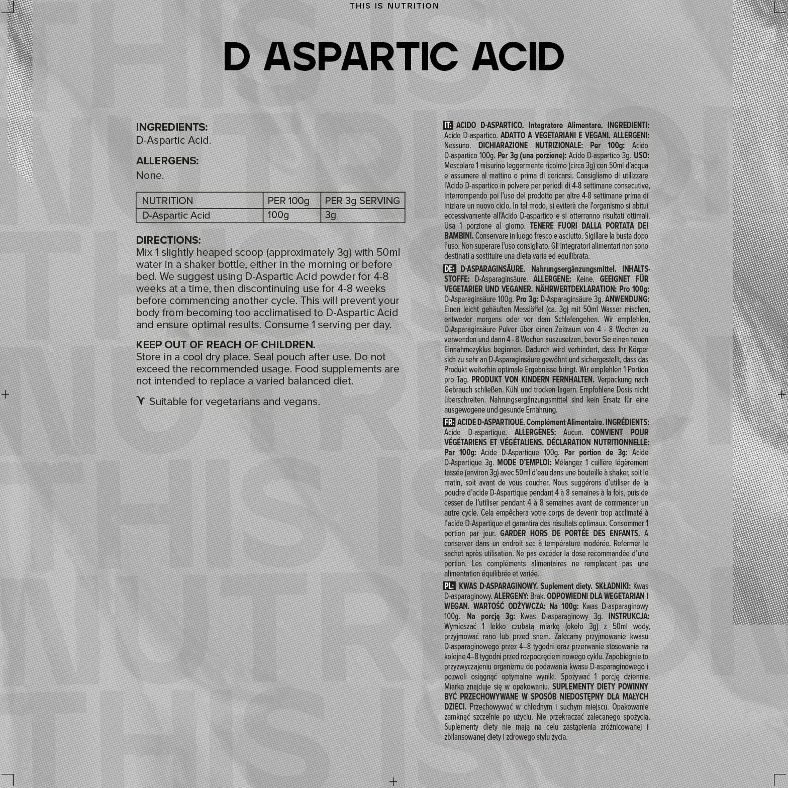 Acido D-aspartico 3000 mg, 500g, 166 porzioni