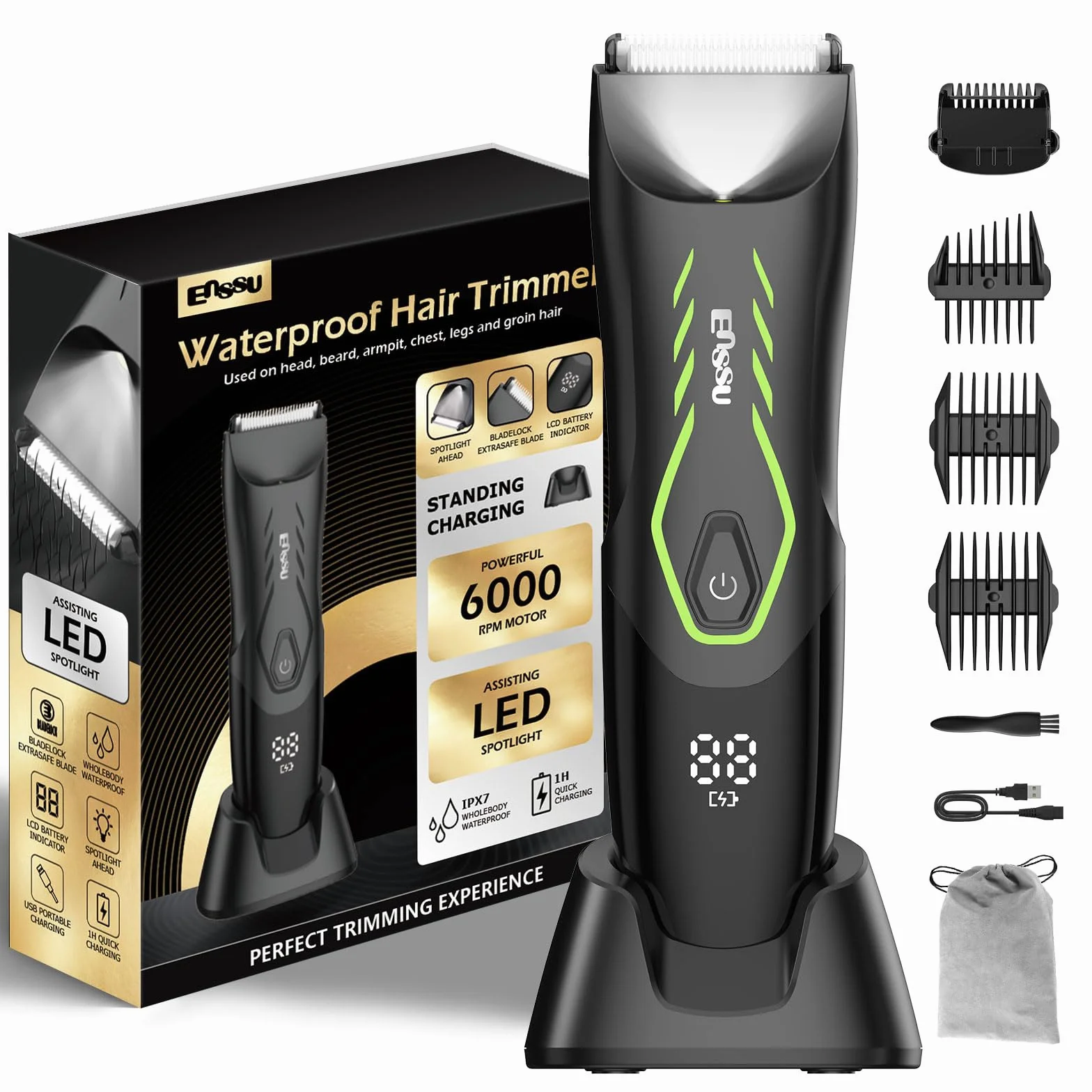 ENSSU Rasoio per peli del corpo uomo senza fili impermeabile con luce e dock di ricarica LED verde