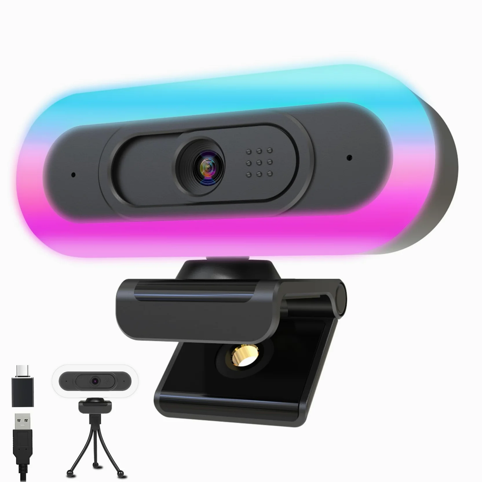 Webcam 2K per PC, webcam LED RGB con microfono e luce, autofocus, treppiede girevole e copertura per la privacy per streaming live, videochiamate, giochi, funziona con zoom, Skype, YouTube, team