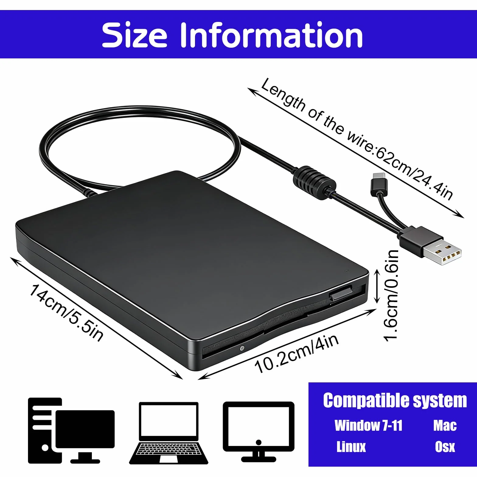 GBKDQQ Unità floppy esterna USB portatile FDD 1,44 MB 3,5 pollici: Slimline Floppy Disk Drive Lettore di schede esterno Accessori per computer Esterno Rimovibile Compatibile con PC e MAC, Plug and
