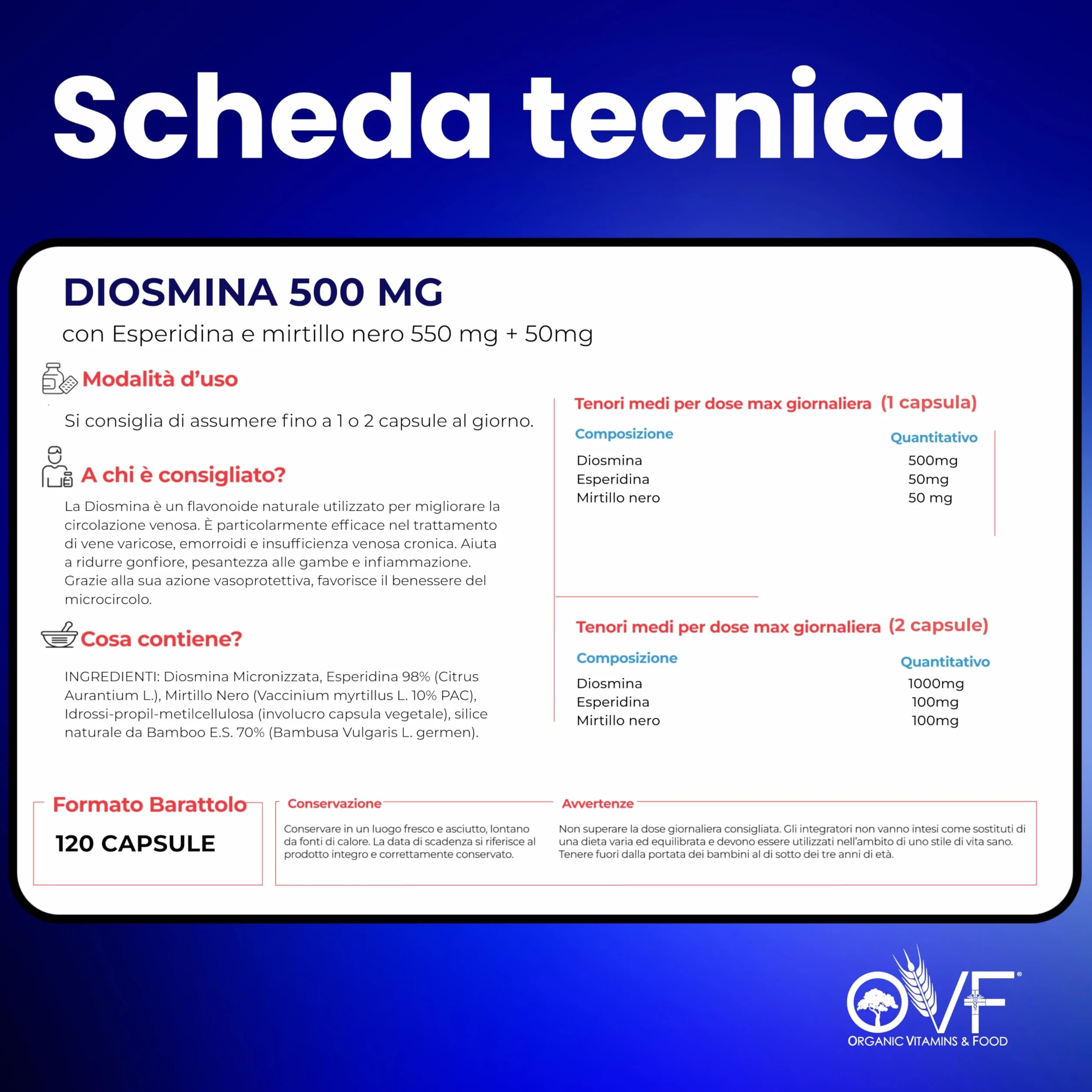 OVF Diosmina Esperidina 120 cps 500mg Integratore Vene Varicose Capillari Microcircolo