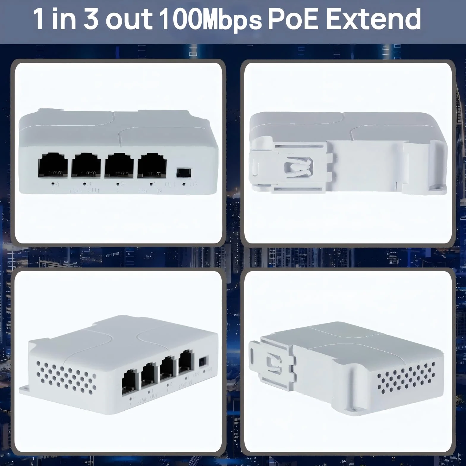 Extender PoE a 4 porte 1 in 3 Out-IEEE 802.3af/at, 30 W in uscita 24 W Ripetitore PoE 10/100 Mbps, Vlan ed estensione fino a 250 m, rilevamento automatico PD, Din-Rail e montaggio a parete