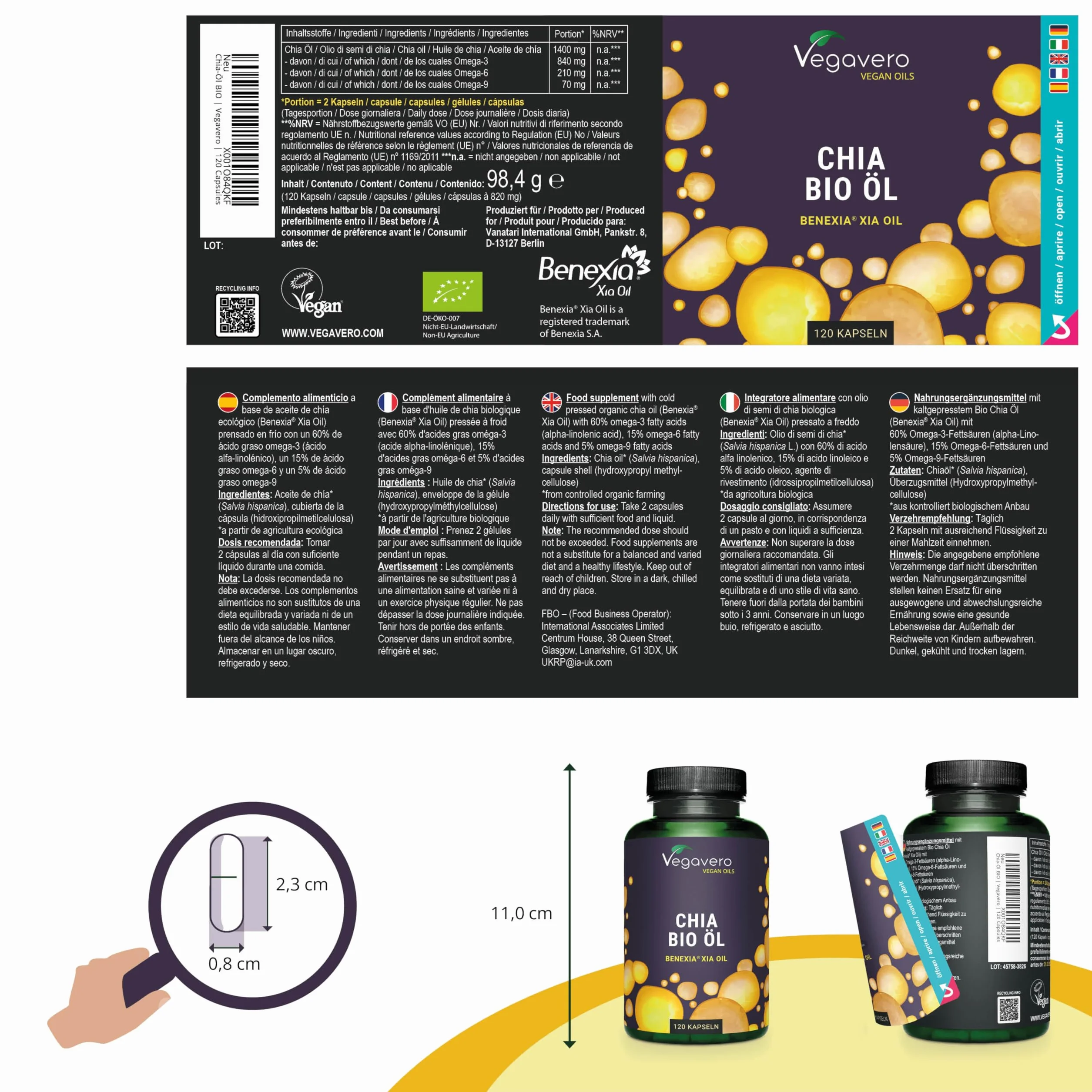 Omega 3 6 9 Vegavero® 1400 mg Olio di Semi di Chia BIO VEGAN Spremuto a Freddo Acidi Grassi Essenziali 120 capsule