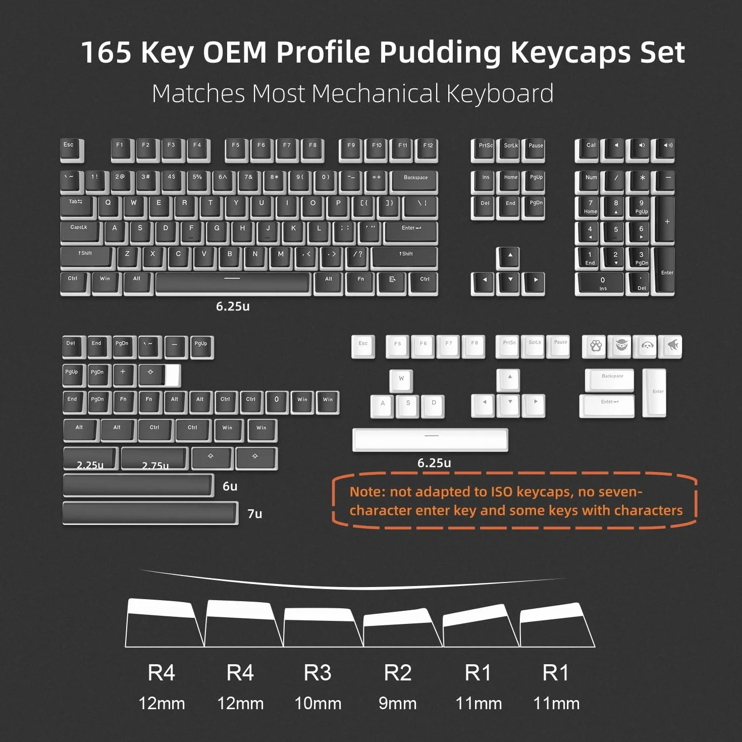Pudding Keycaps,165 Tasti PBT Keycaps Set QWERTY di personalizzati, profilo OEM dei tasti ANSI US Layout, Compatibilità universale per 100%, 75%, 65%, 60% Tastiera, Nero (ISO non supportato)