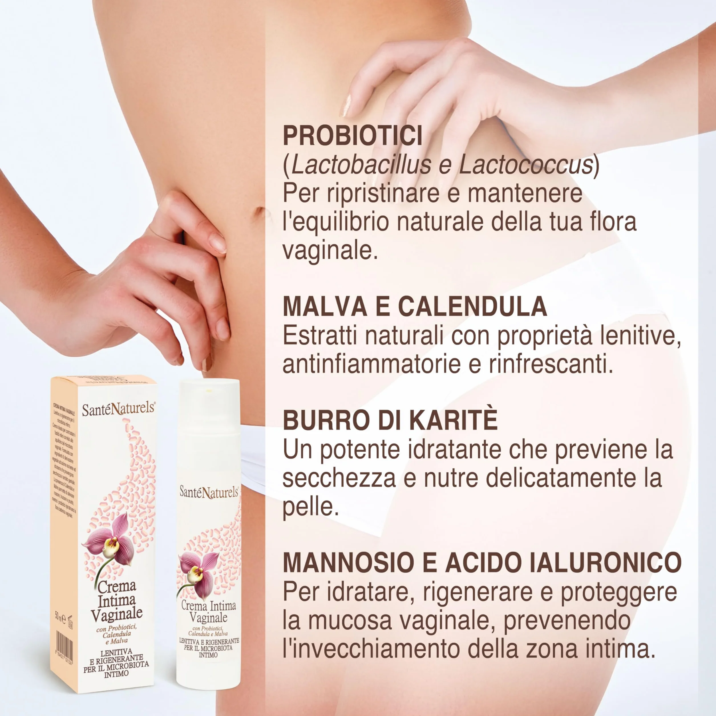 Crema Intima Vaginale 50 ml con Probiotici, Acido Ialuronico, Mannosio, Calendula, Malva