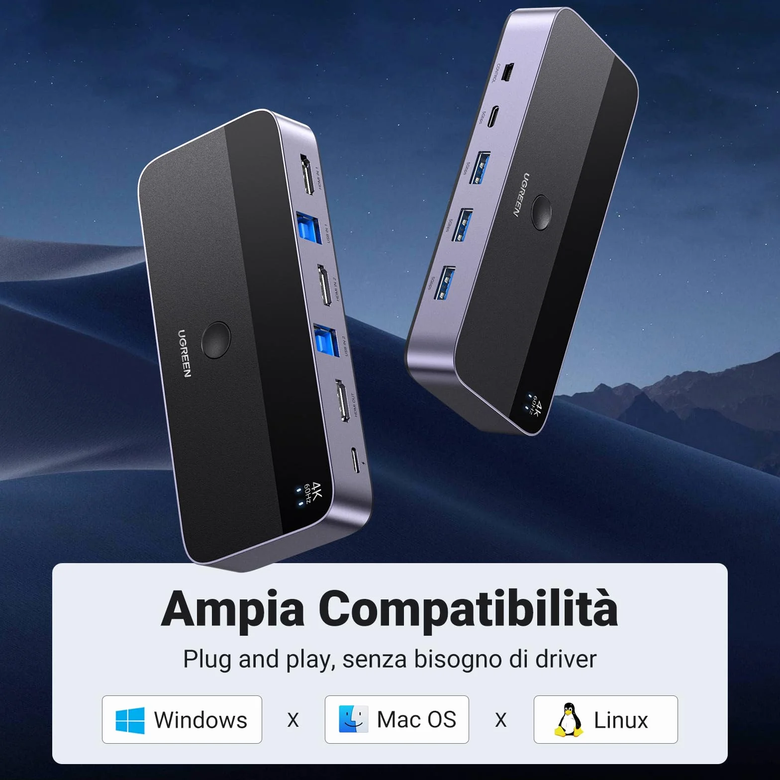 UGREEN Switch KVM HDMI 4K 60Hz 2 Ingressi 1 Uscita con 3 Porte USB A 3.0 e 1 Porta Tipo C 3.0 5Gbps per Tastiera Mouse HDD Hard Disk Switcher con Controller Desktop e 2 Cavi 1M