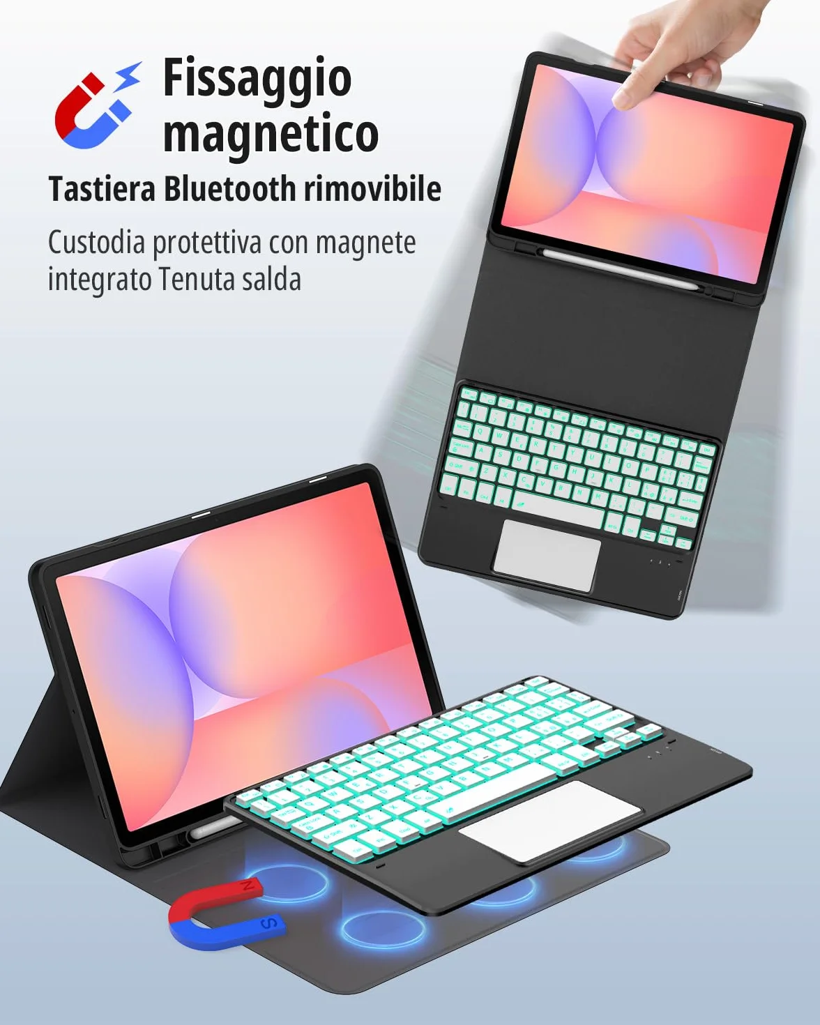 CACOE Cover con Tastiera Compatibile con Samsung Galaxy Tab S10 Lite / S10 FE / S9 FE/S9 10.9"/11" (2025/2023) con Touchpad, Tastiera Wireless Staccabile con Illuminazione a 7 Colori, Nero