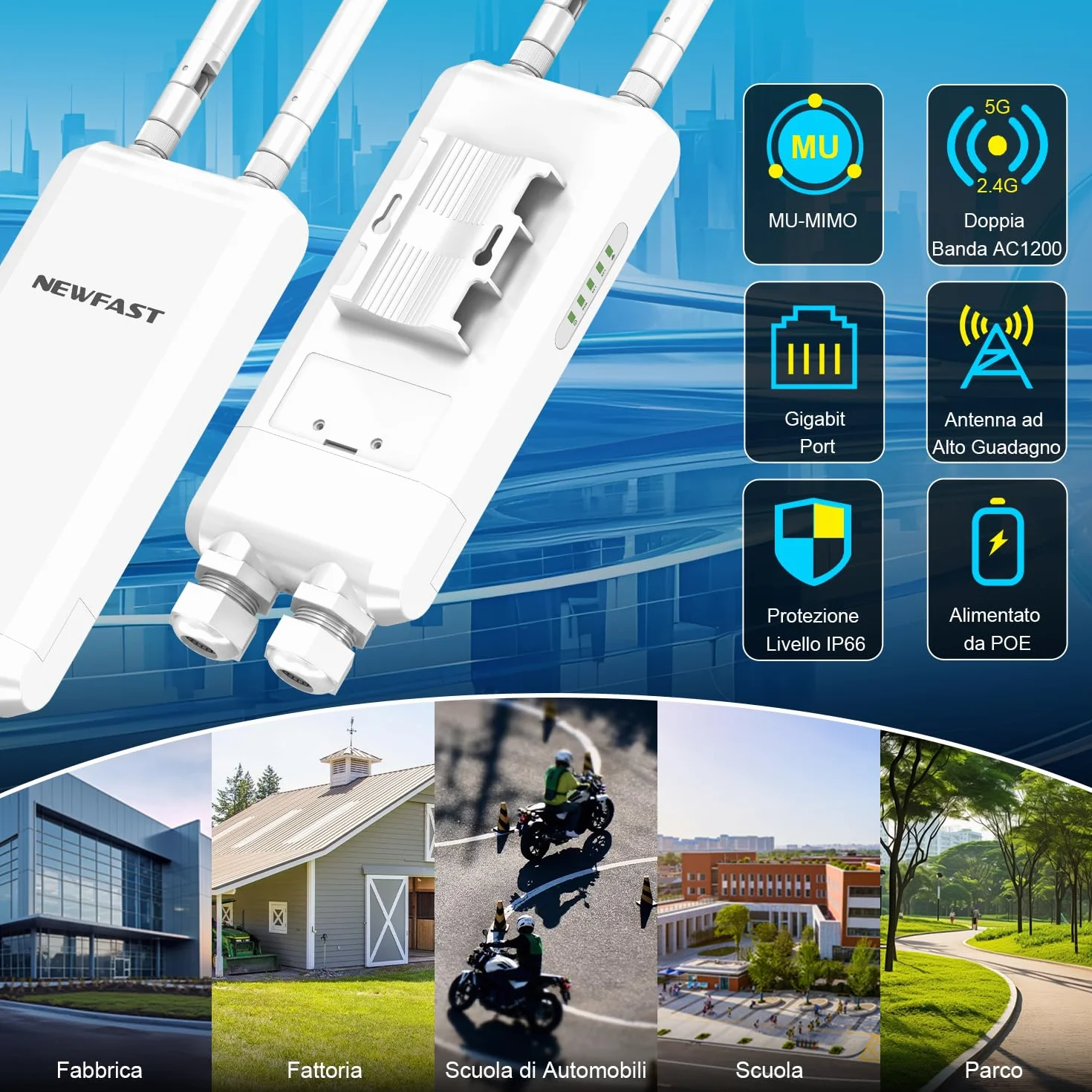 NEWFAST Ripetitore WiFi Esterno, 1200Mbps Access Point Esterno Dual Band Extender WiFi Potente con 48V PoE Power, 3*Gigabit Porta Ethernet, 2 Antenne