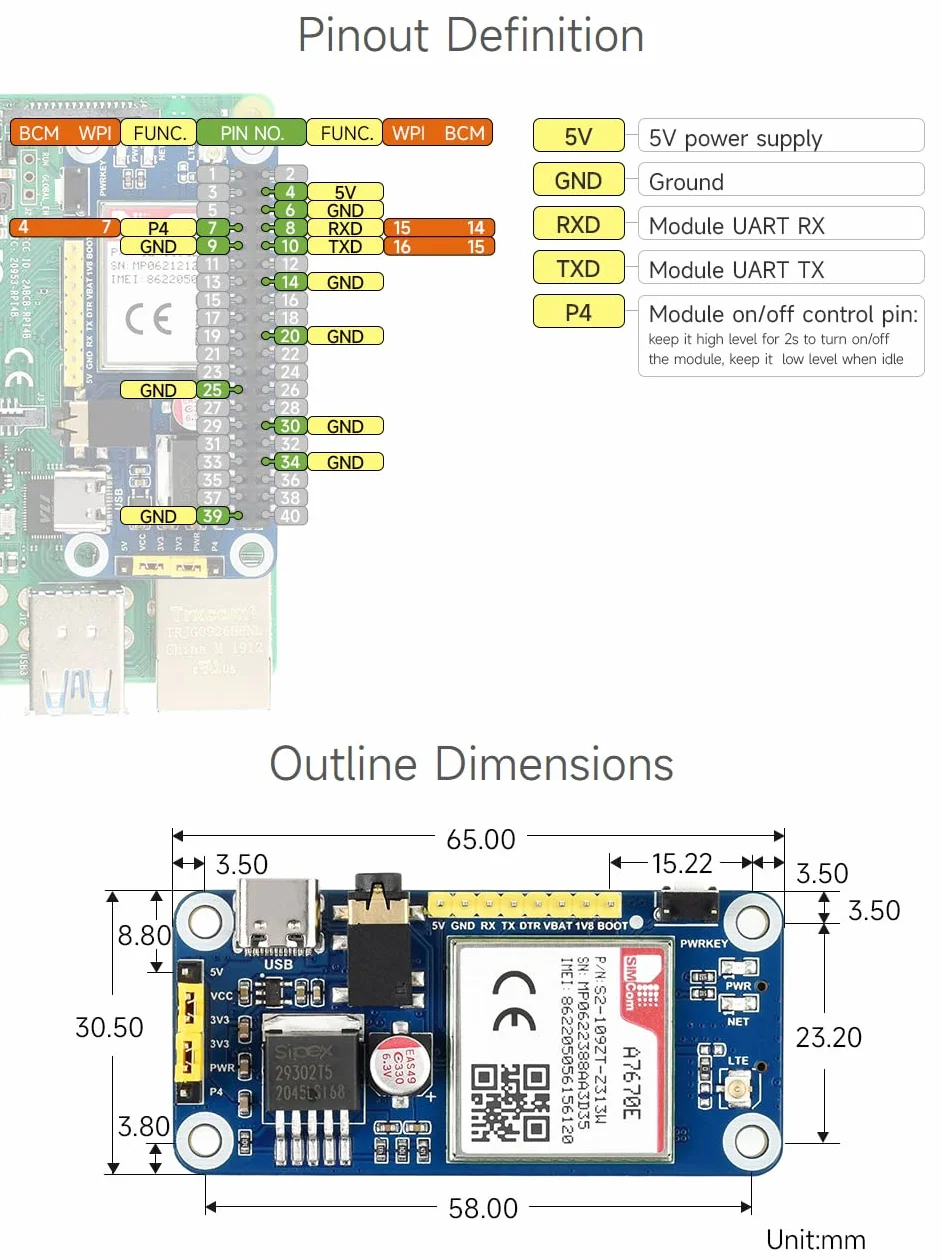Waveshare A7670E LTE Cat-1 HAT per Raspberry Pi LTE Cat-1 2G GSM/GPRS LBS Multi Band