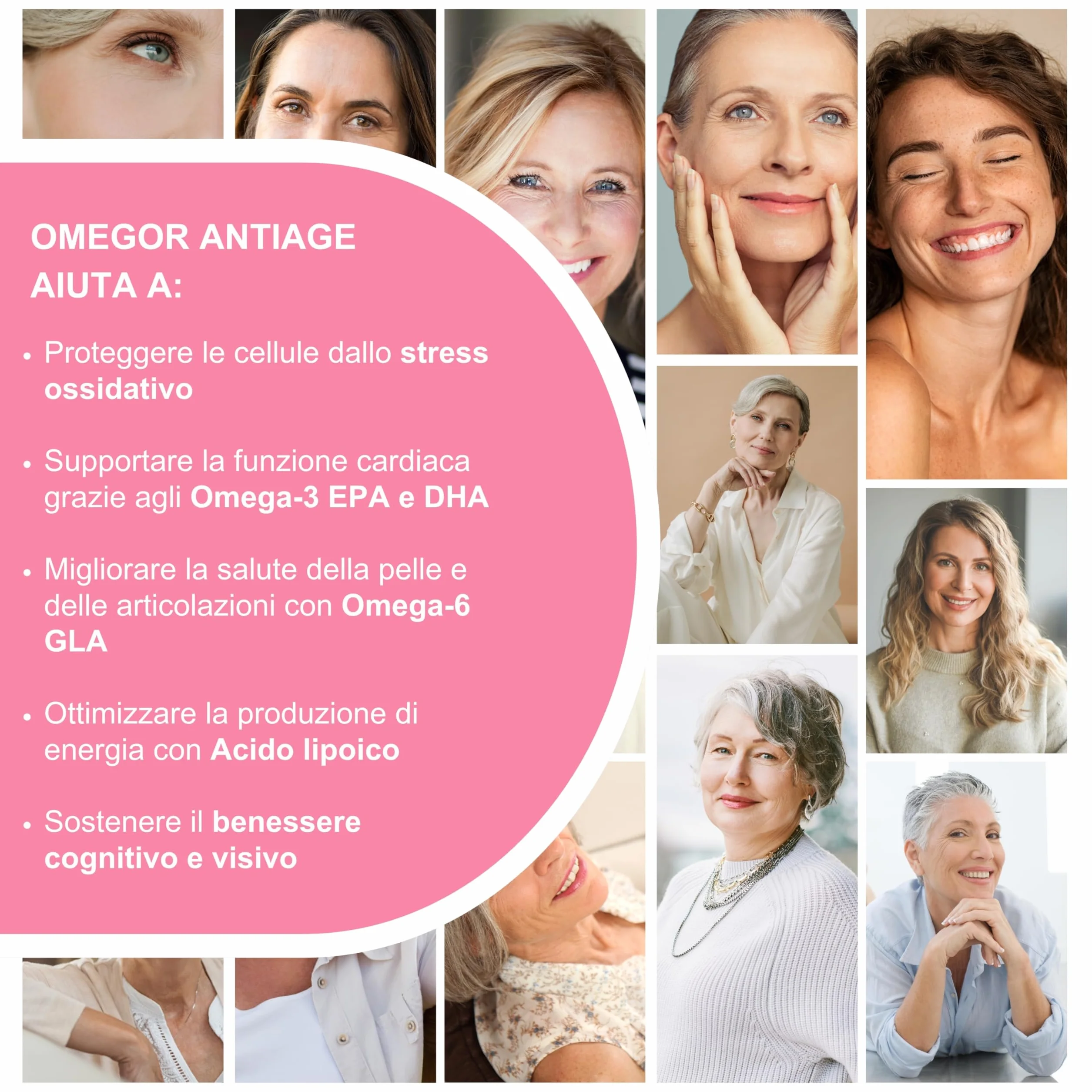 OMEGOR Antiage Integratore Pelle Antiossidante con Omega 3 e 6, Coenzima Q10, Resveratrolo, Alfa Lipoico e Curcuma (60 Capsule)