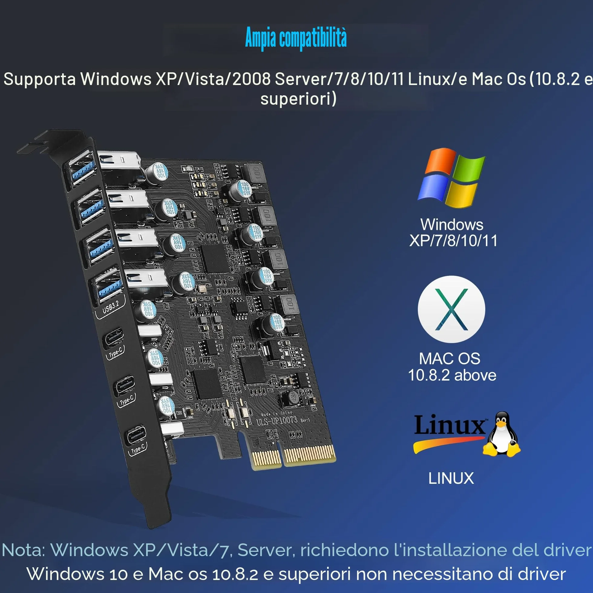 PCIe a Scheda di espansione USB 3.2 Gen 2 a 7 Porte (4 Type A + 3 Type C), 10 Gbps Scheda USB PCI Express PC Desktop Windows