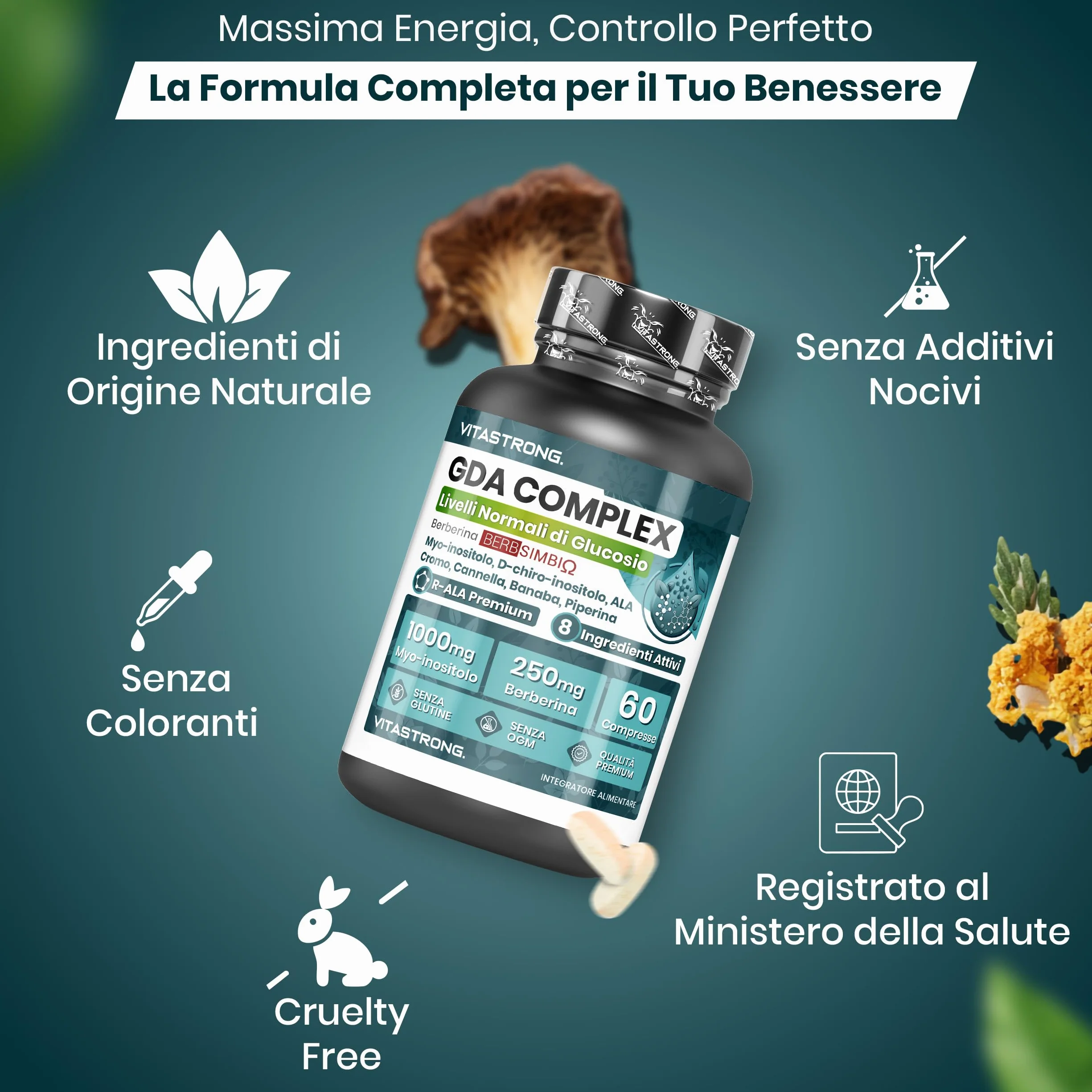 Vitastrong GDA Complex 100% Vegan Berberina 250mg Myo-Inositolo 1000mg Acido Alfa Lipoico Cromo