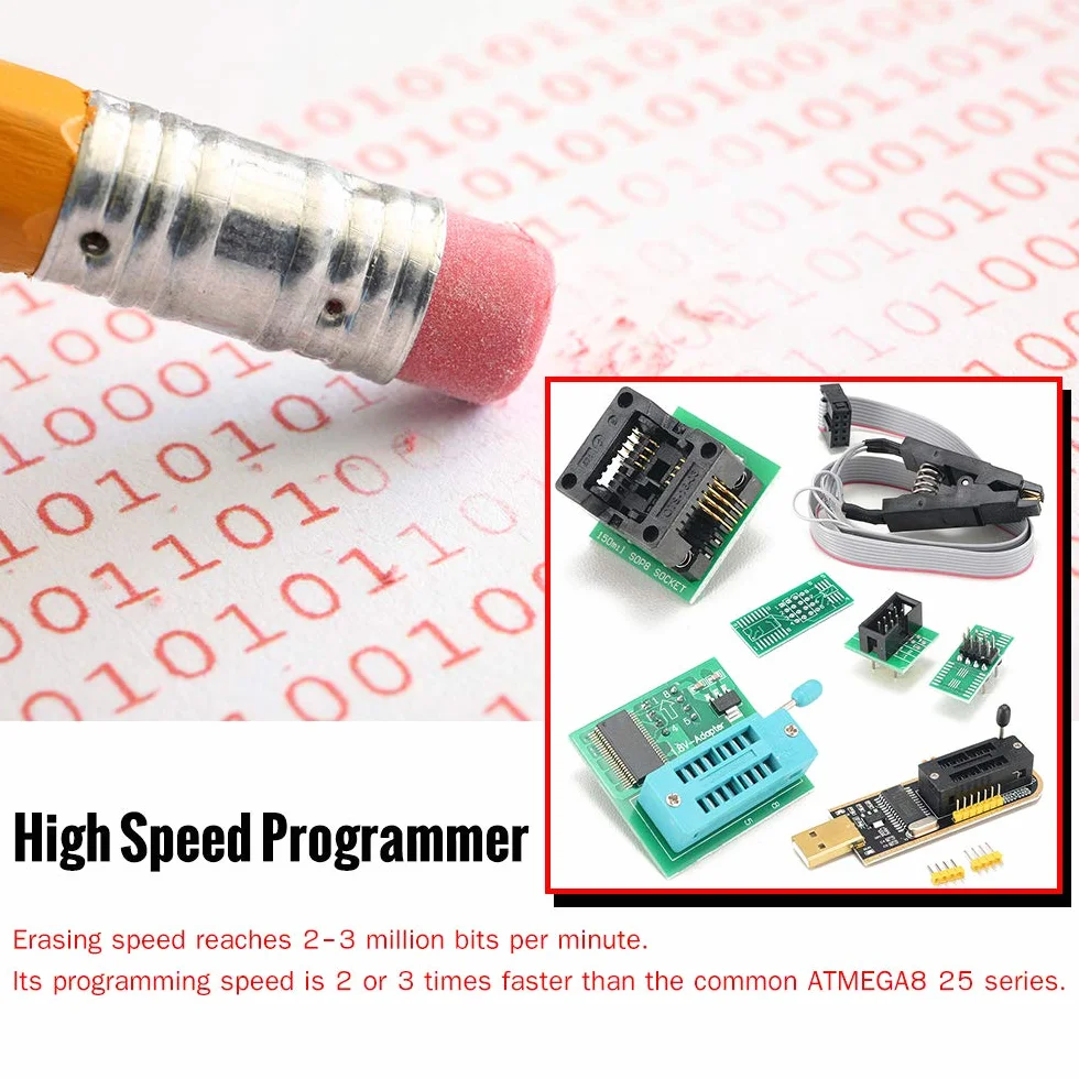 CH341A Kit Programmatore USB con SOP8 EEPROM Burner BIOS Flasher SPI Flash 1 Adattatore 8V Presa 150mil per Serie 24 25
