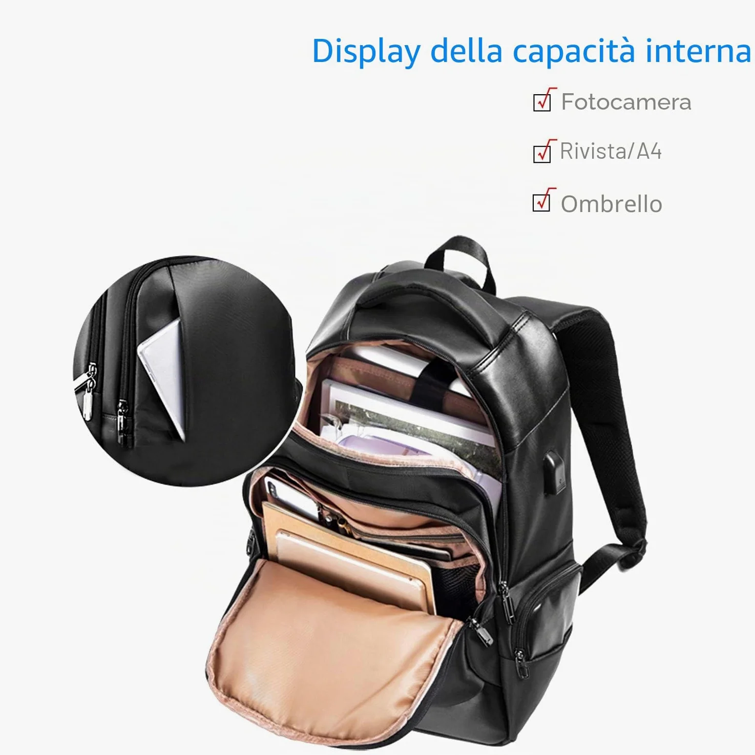 FANDARE Zaino Unisex con Porta USB - Borsa per Computer 15.6 Pollici, Universitaria da Scuola e Lavoro, Impermeabile Poliestere Nero