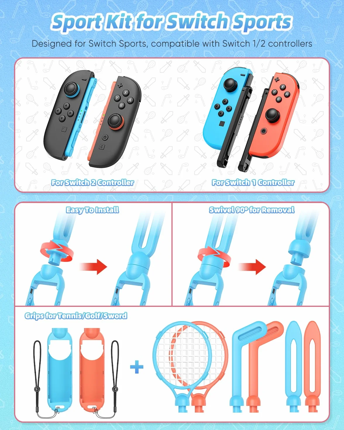 Set di accessori sportivi con stazione organizer per Nintendo Switch 2 (2025)/Switch/OLED, kit sportivo universale per feste in famiglia, Golf/Tennis/Danza/Spada/Calcio per Joycon e supporto