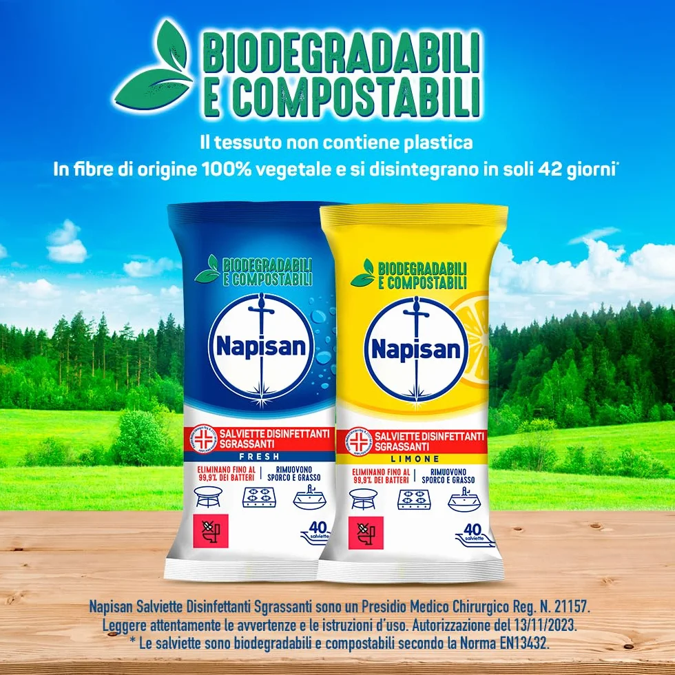 Napisan Salviette Disinfettanti Sgrassanti al Limone, 80 Salviette Biodegradabili Multisuperfici