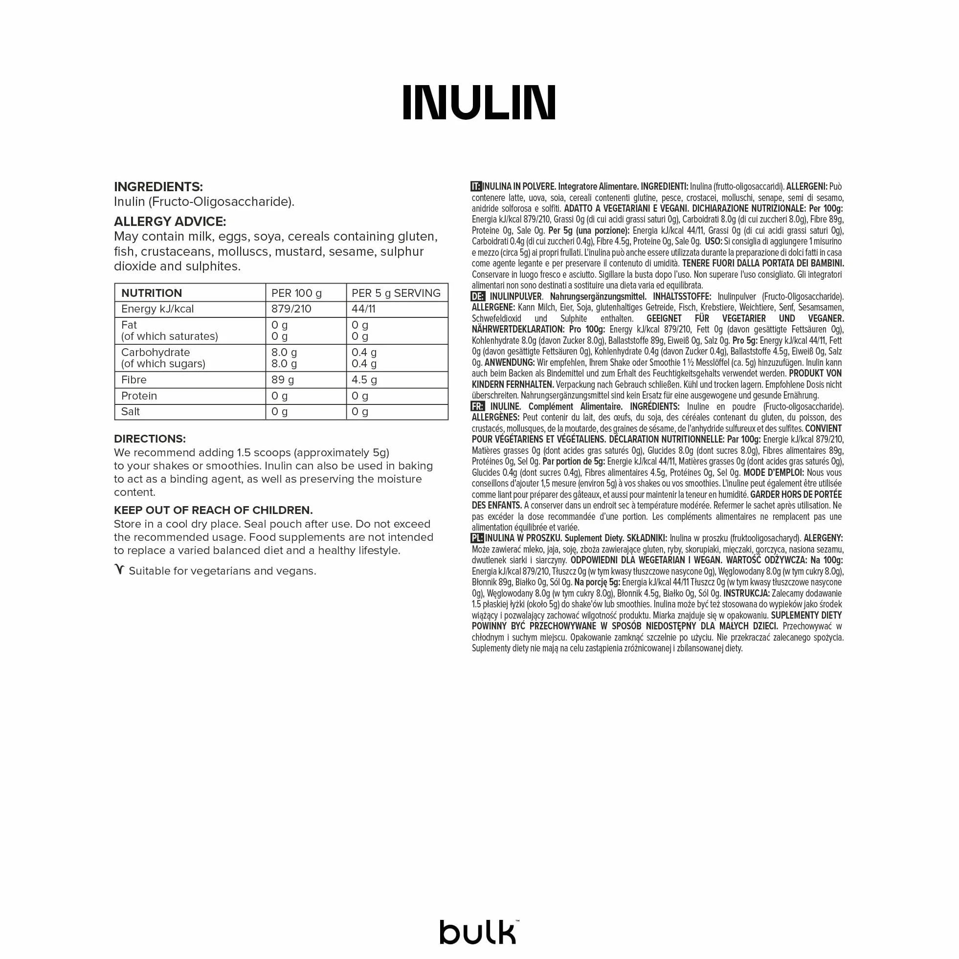 Bulk Inulina in polvere 500g 100 porzioni Alto tenore di fibre