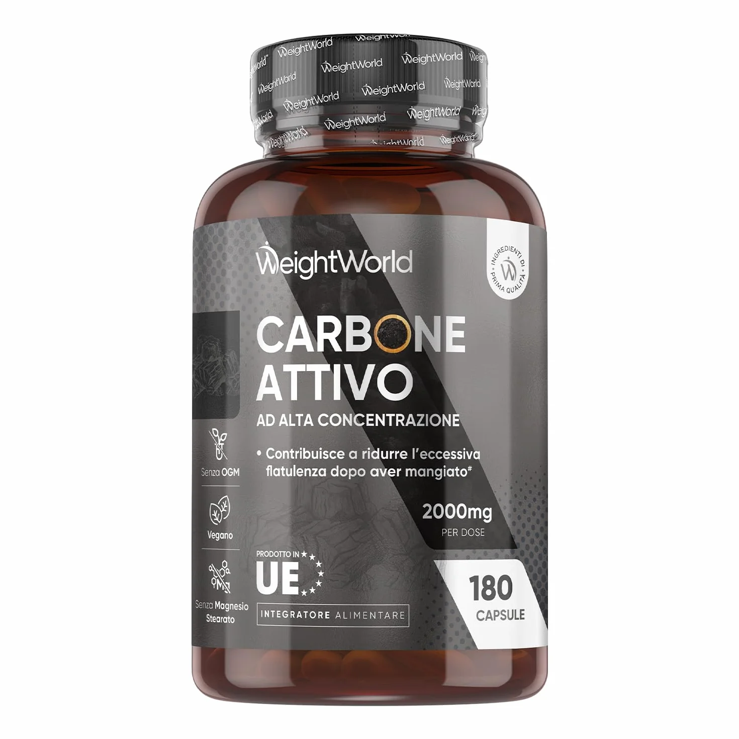 Carbone Vegetale Attivo 2000mg 180 Capsule Vegane, Riduce l'Eccessiva Flatulenza Dopo Aver Mangiato