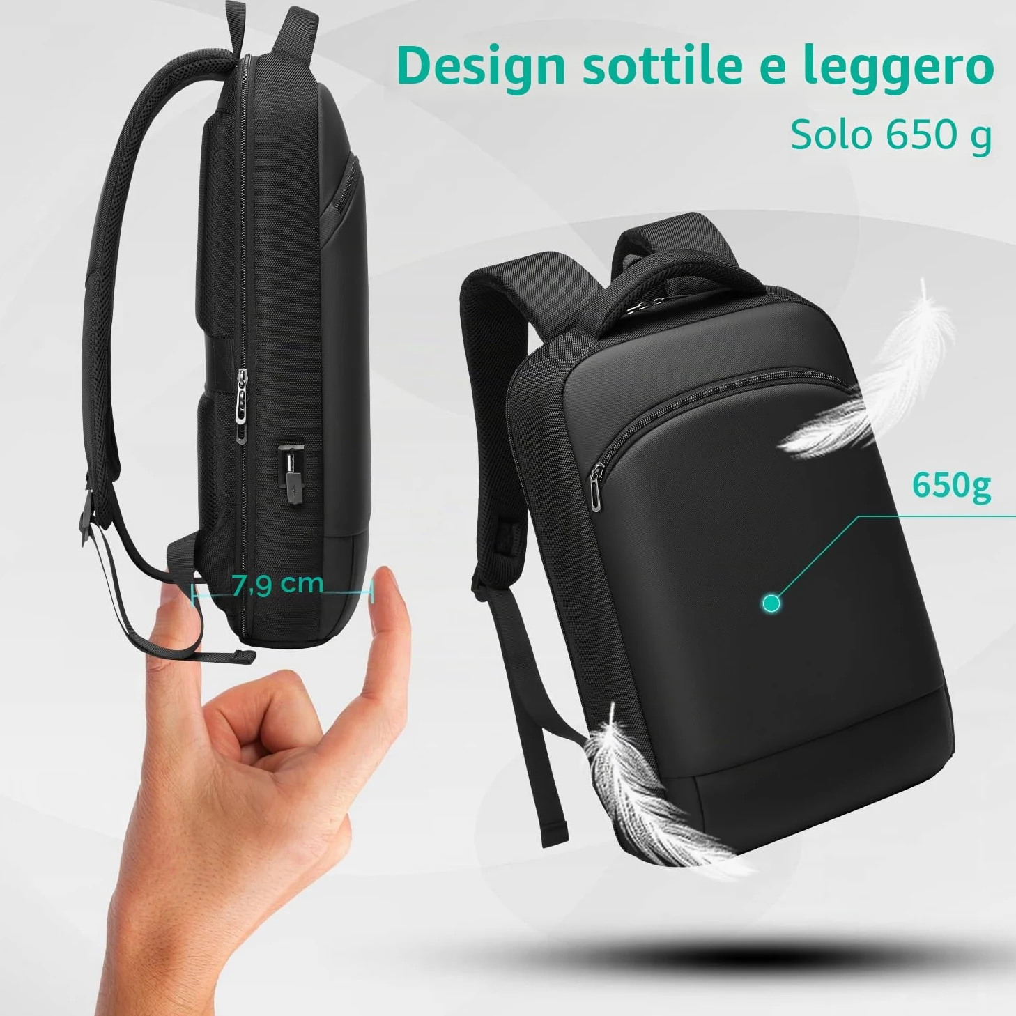 Zaino Porta PC 15.6 Pollici Uomo Donna Lavoro Impermeabile Antifurto con Porta USB per Uffico Università Scuola Viaggio Business-Nero
