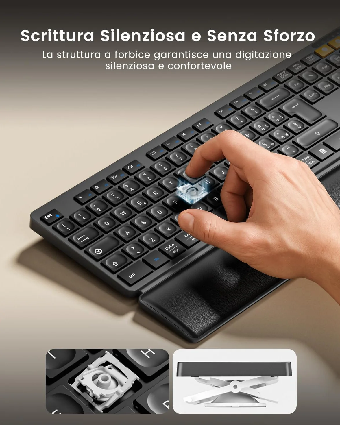 ProtoArc Tastiera e Mouse Wireless Bluetooth, KM60 Full-size Tastiera PC con Poggiapolsi, Ricaricabile, 2,4 GHz + 2*Bluetooth, per Laptop, Mac, Windows, Italiano QWERTY - ‎Nero