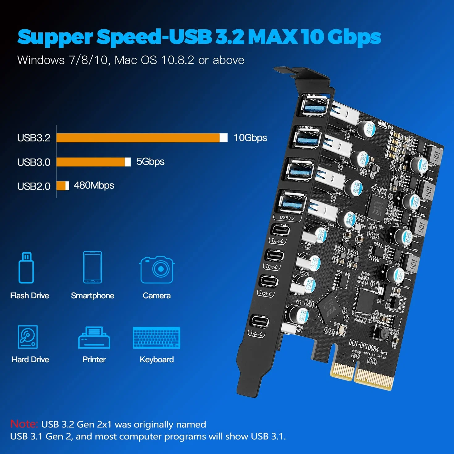 Scheda di Espansione USB 3.2 PCIe a 8 Porte, 10Gbps Scheda USB PCI Express Interna Hub Card per Windows 7/8/10 e Mac OS