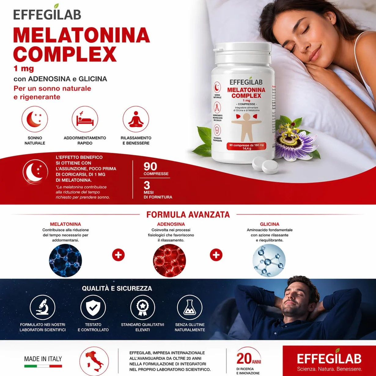 Melatonina 1 mg Complex Effegilab 90 Compresse con Adenosine e Glicina Integratore per Dormire Sonno Naturale